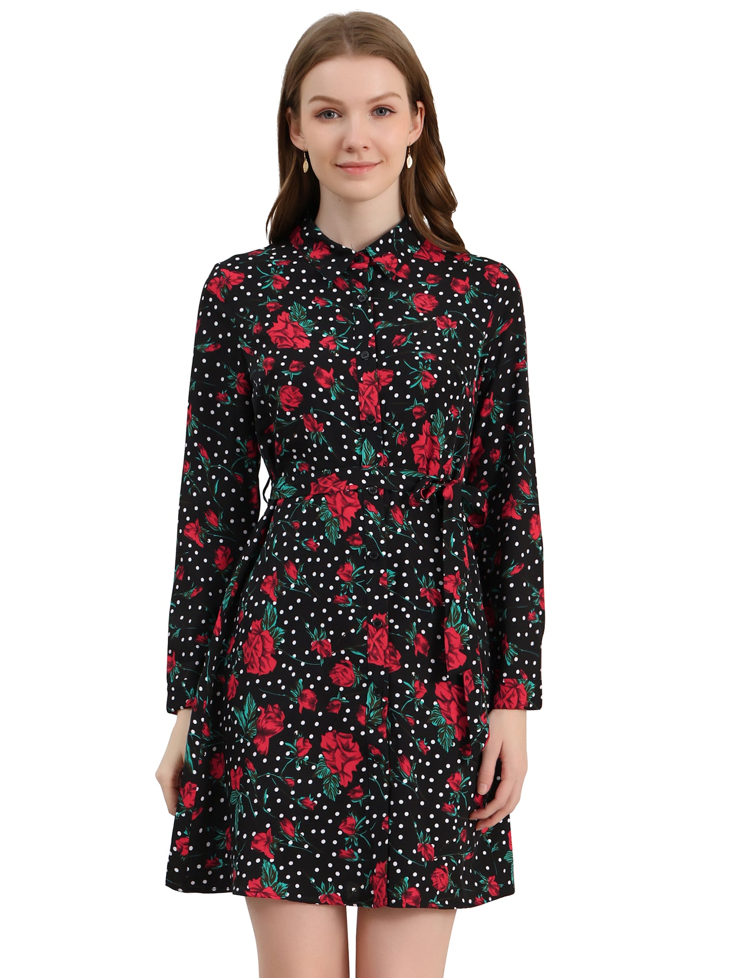 Women's Button Down Collar Tie Belted Print Shirt Dress