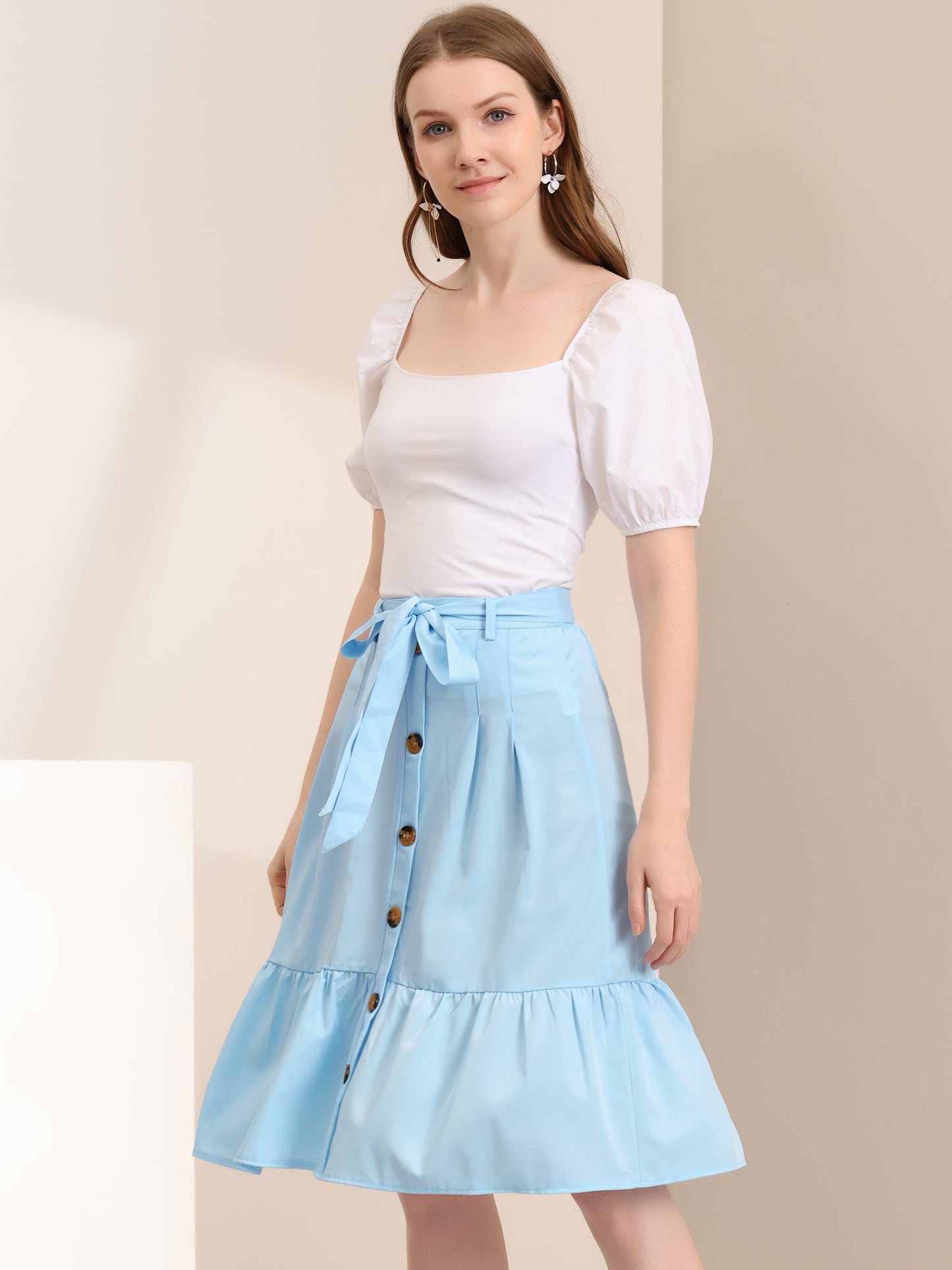Women's Retro Button Front Tie Waist Flowy A-Line Chiffon Ruffle Midi Skirt