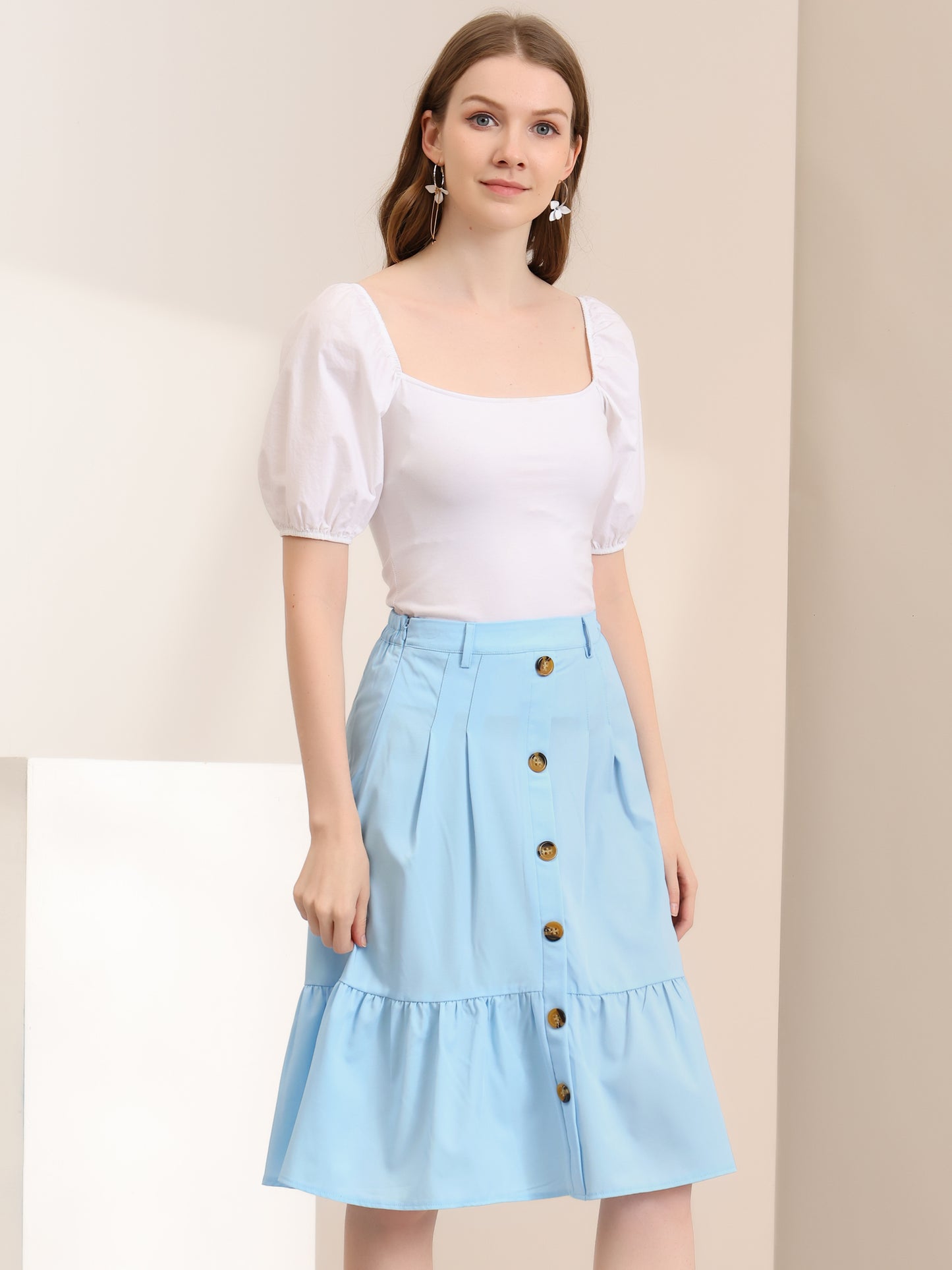 Women's Retro Button Front Tie Waist Flowy A-Line Chiffon Ruffle Midi Skirt