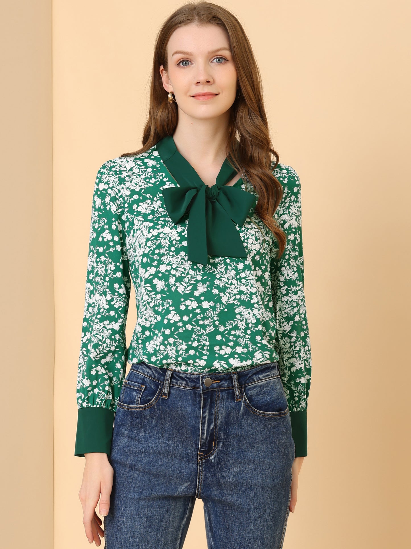 Blusa floral de manga larga con lazo para mujer
