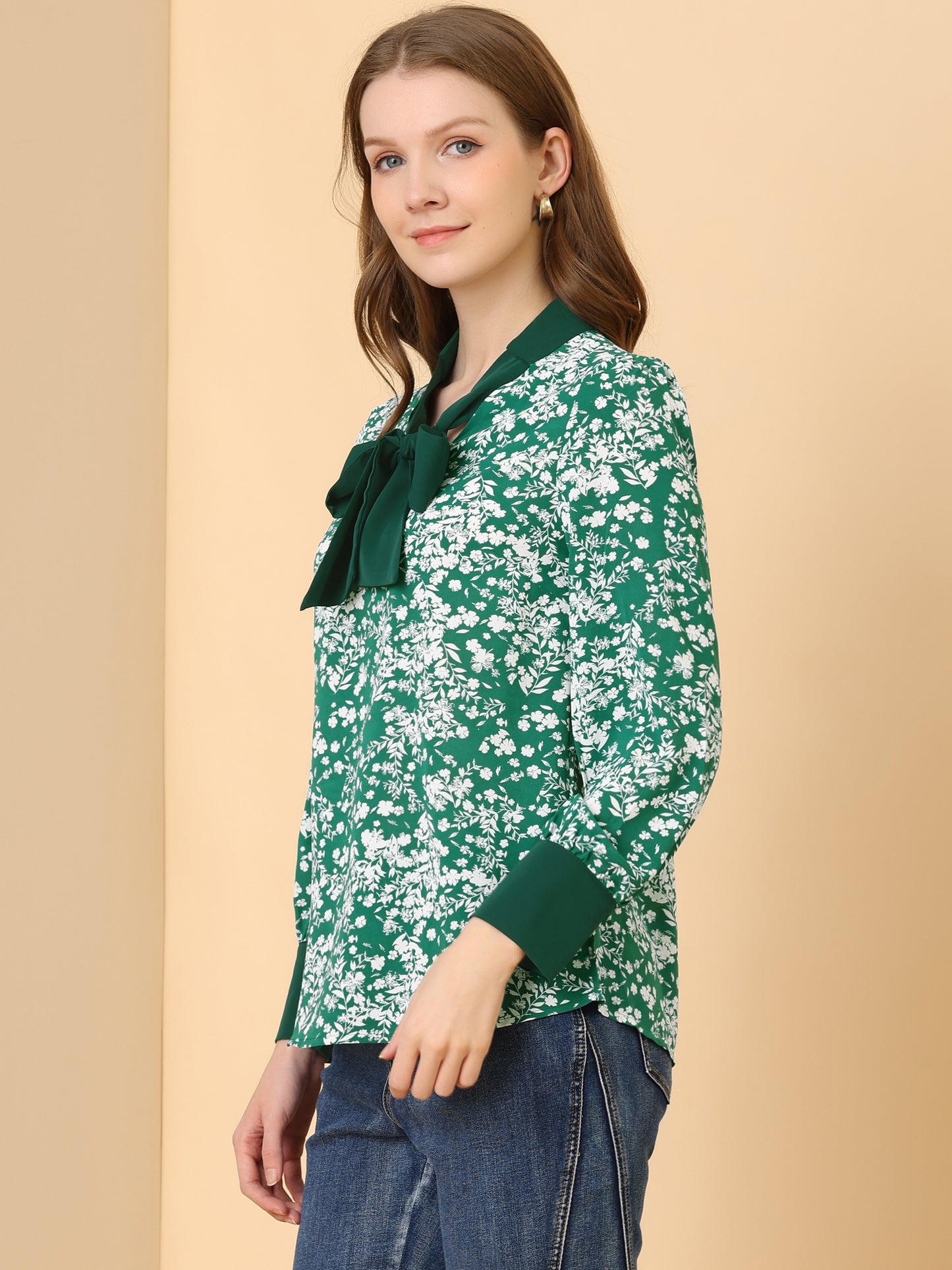 Blusa floral de manga larga con lazo para mujer
