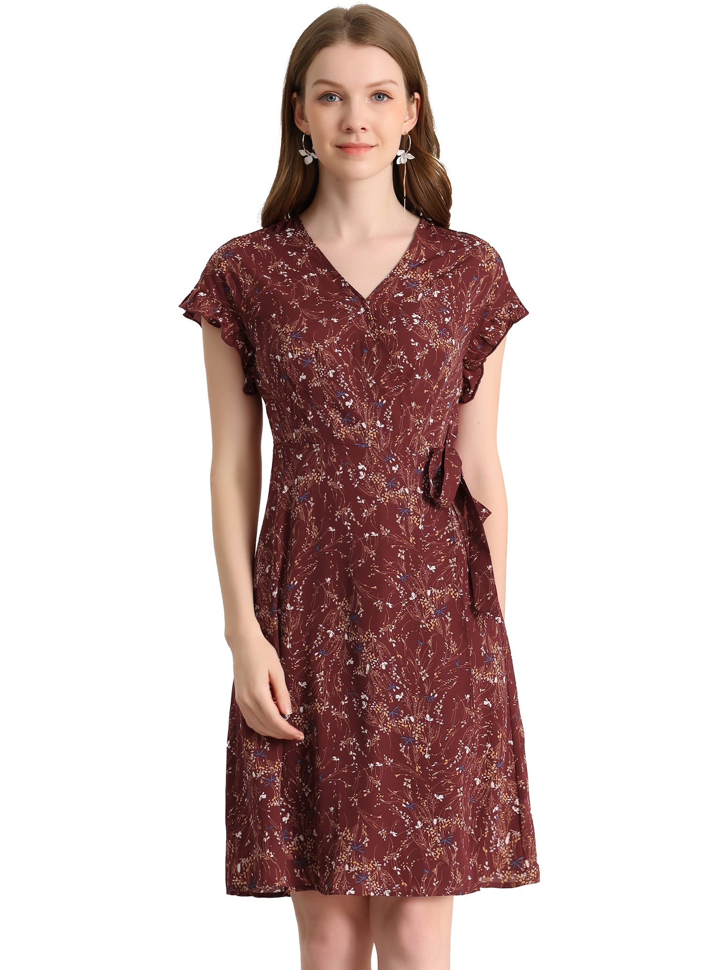 Women's Ditsy Floral Print V Neck Ruffle Flutter Sleeve Belted Midi Wrap Dress