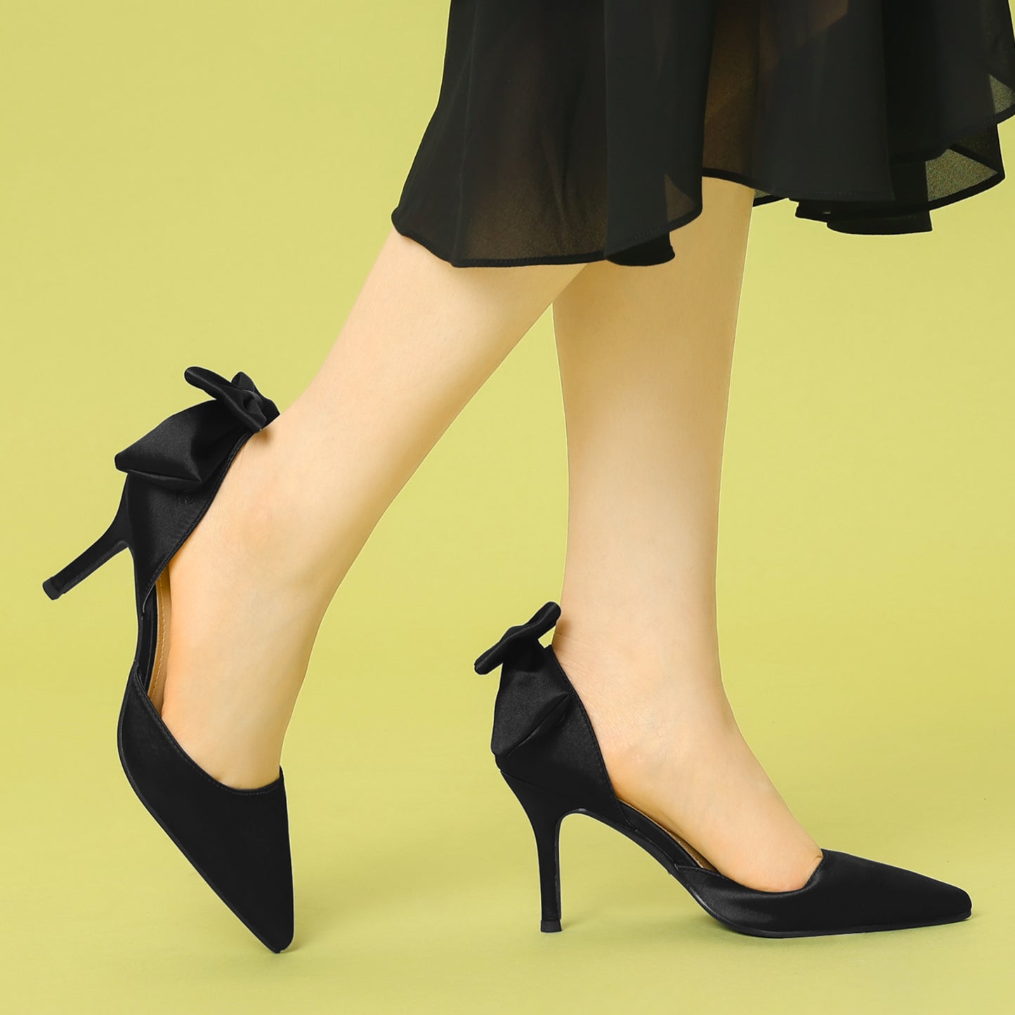 Women's Pointed Toe Bow Satin Stiletto Heels Pumps