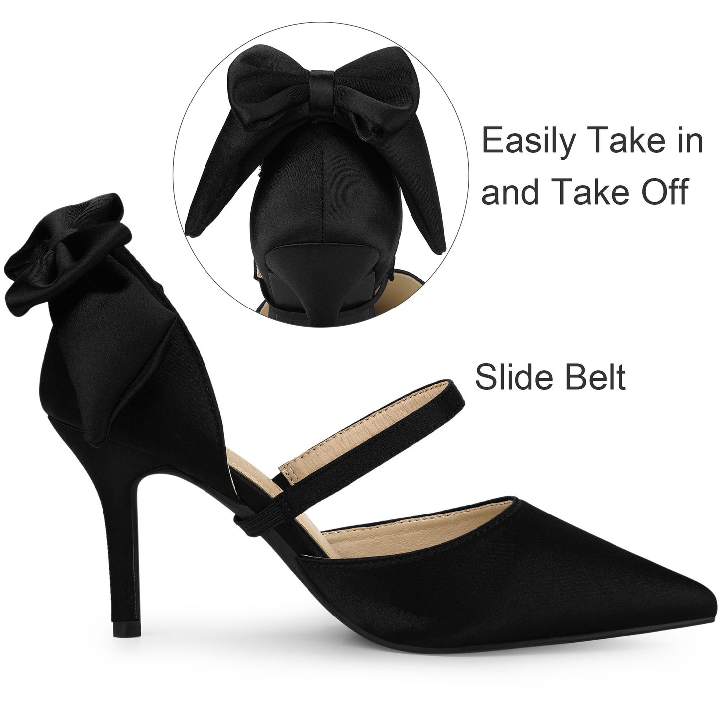 Women's Pointed Toe Bow Satin Stiletto Heels Pumps
