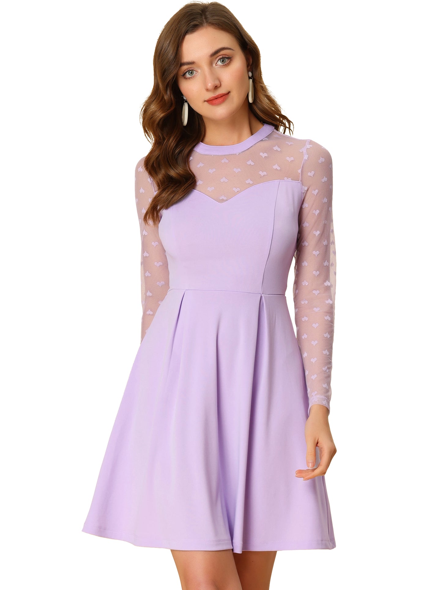 Women's Heart Mesh Sheer Long Sleeve Cocktail Party Skater Dress