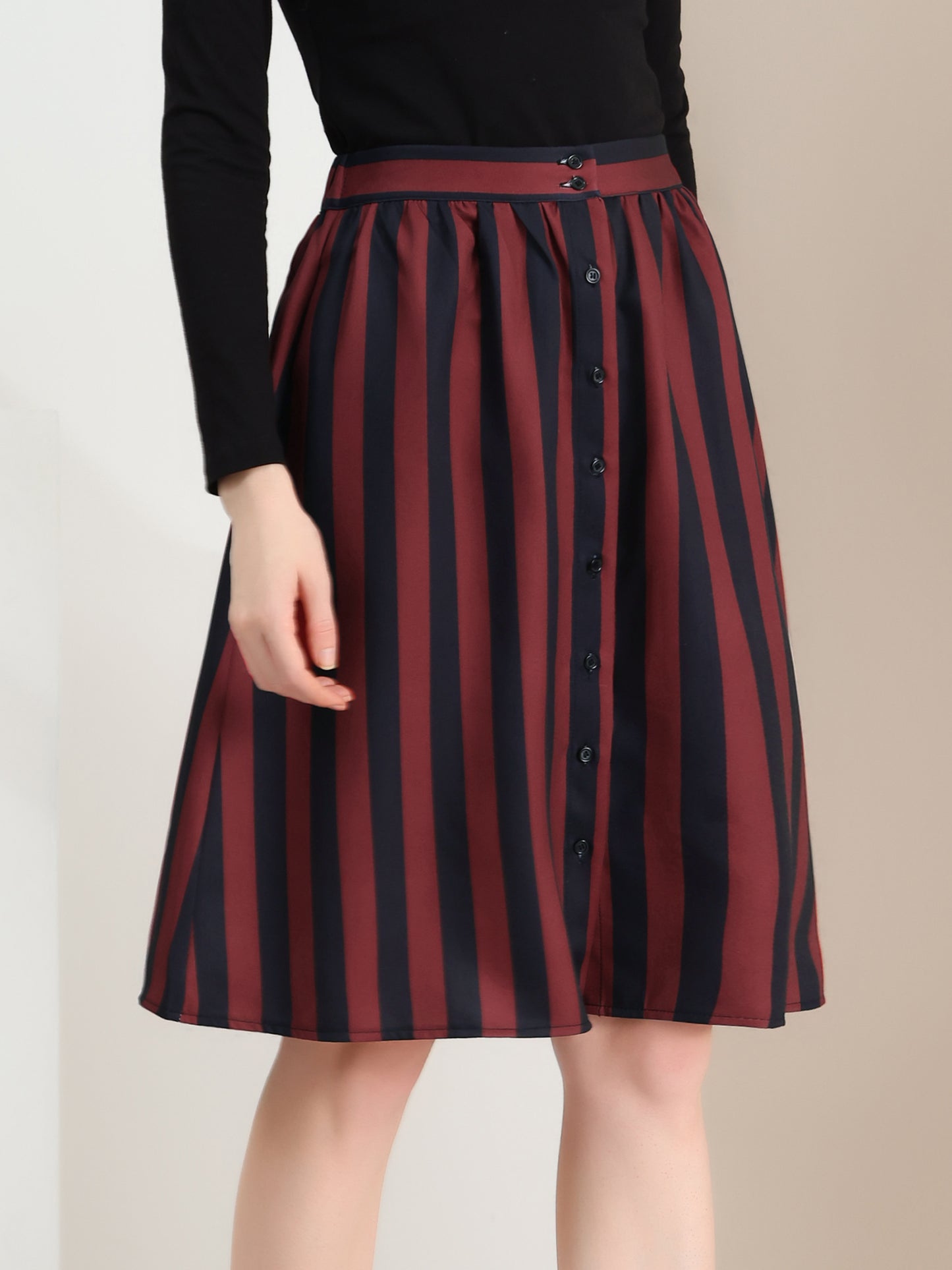 Women's Striped Button Front Elastic Back Waist A-Line Midi Skirt