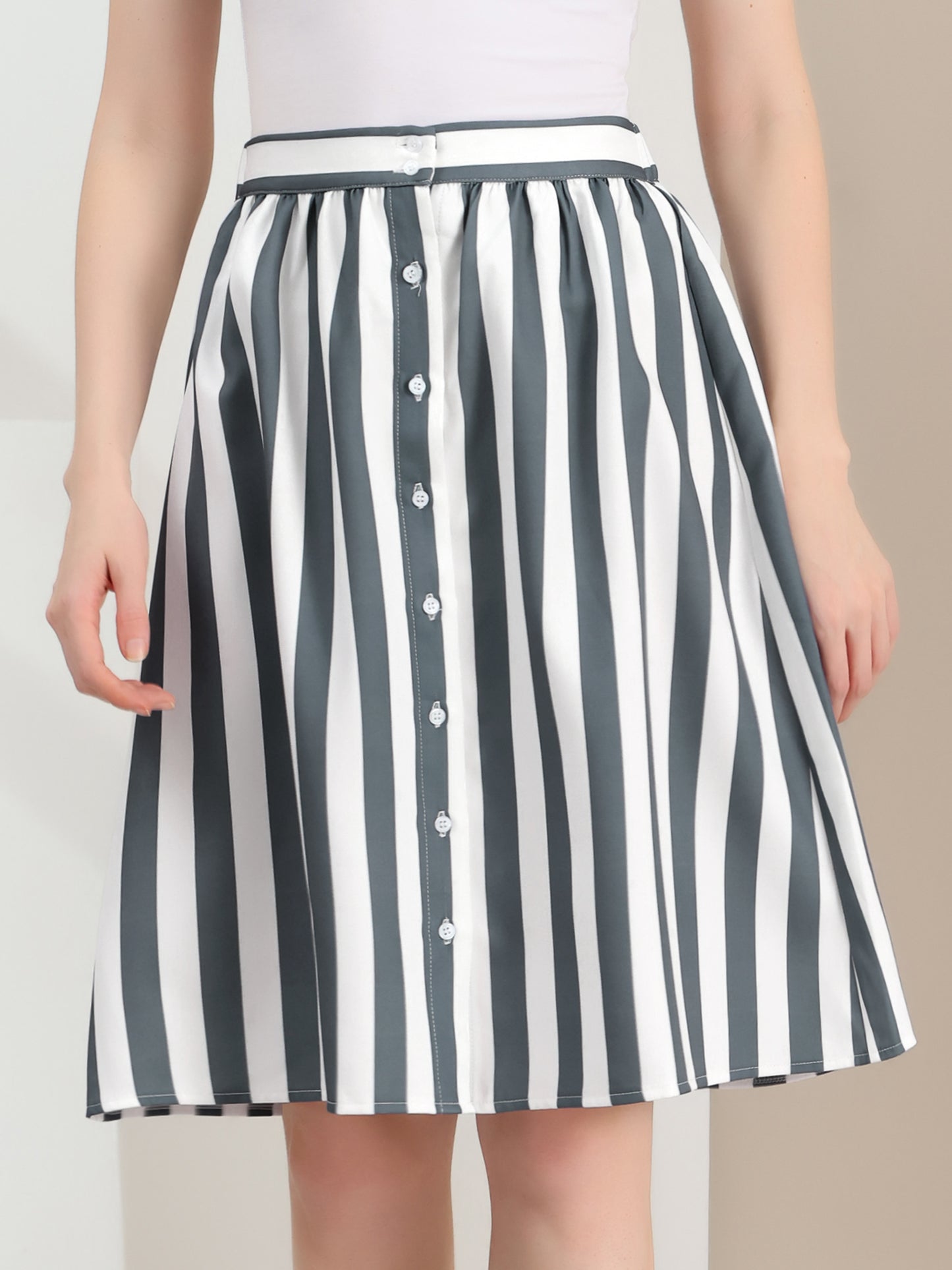 Women's Striped Button Front Elastic Back Waist A-Line Midi Skirt
