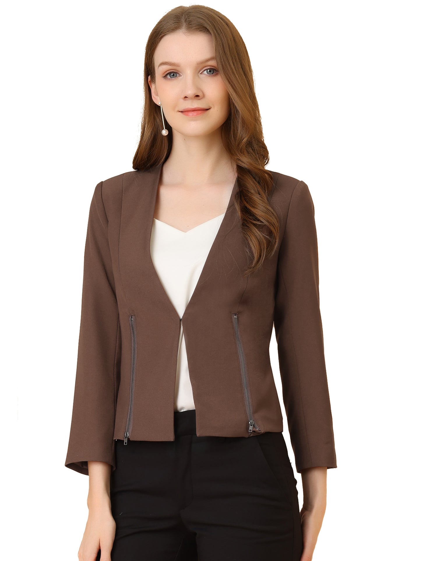 Women's Work Office Open Front Zipper Collarless Cropped Blazer