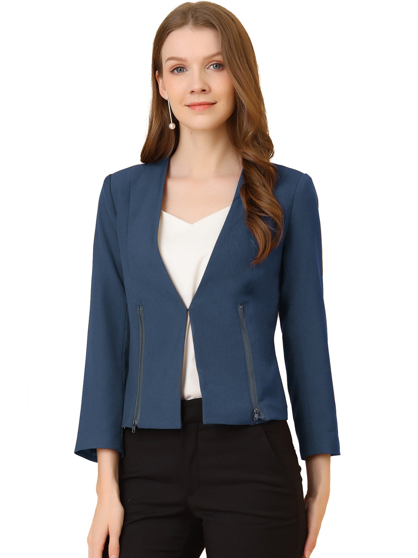 Women's Work Office Open Front Zipper Collarless Cropped Blazer