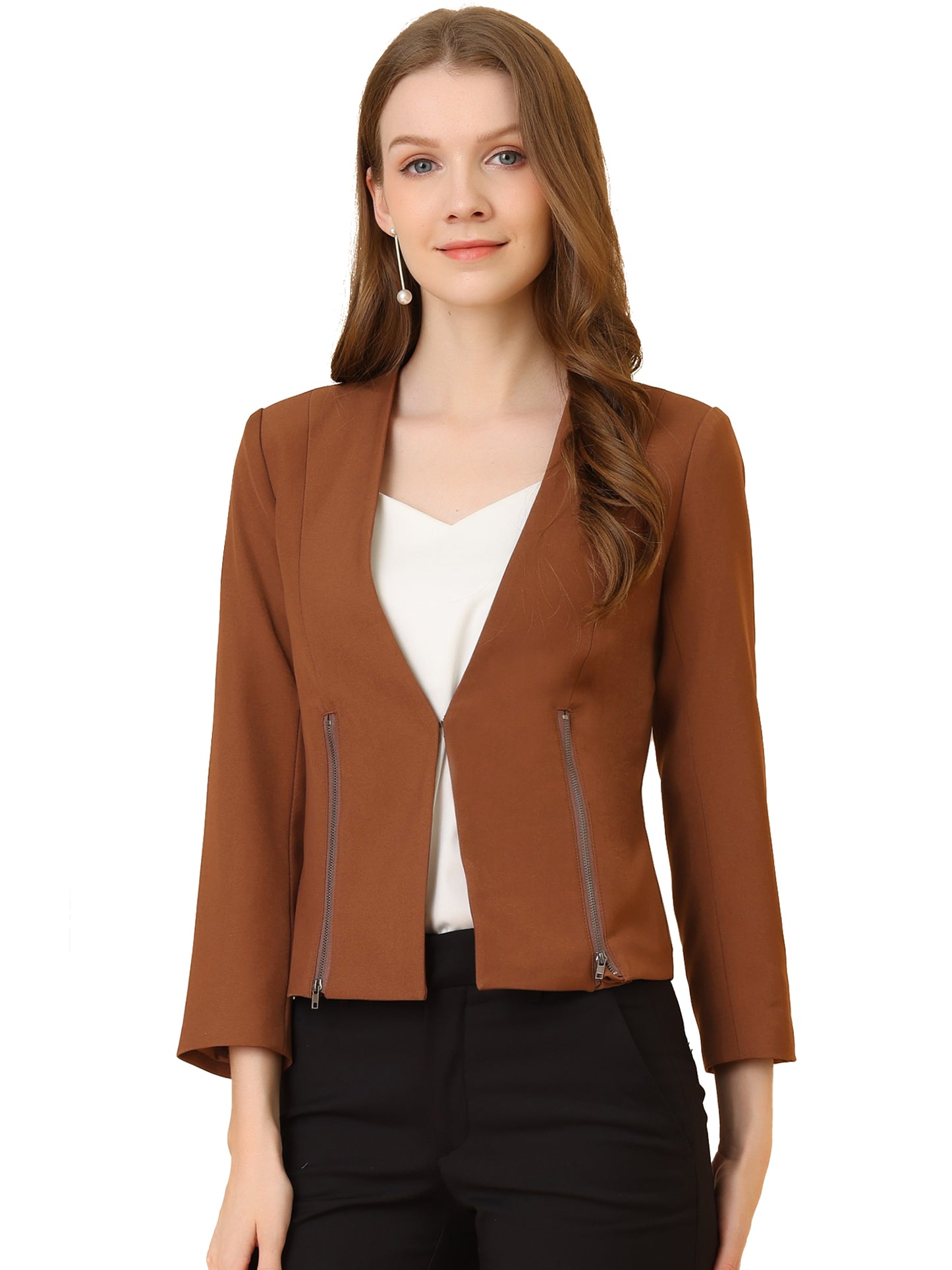 Women's Work Office Open Front Zipper Collarless Cropped Blazer