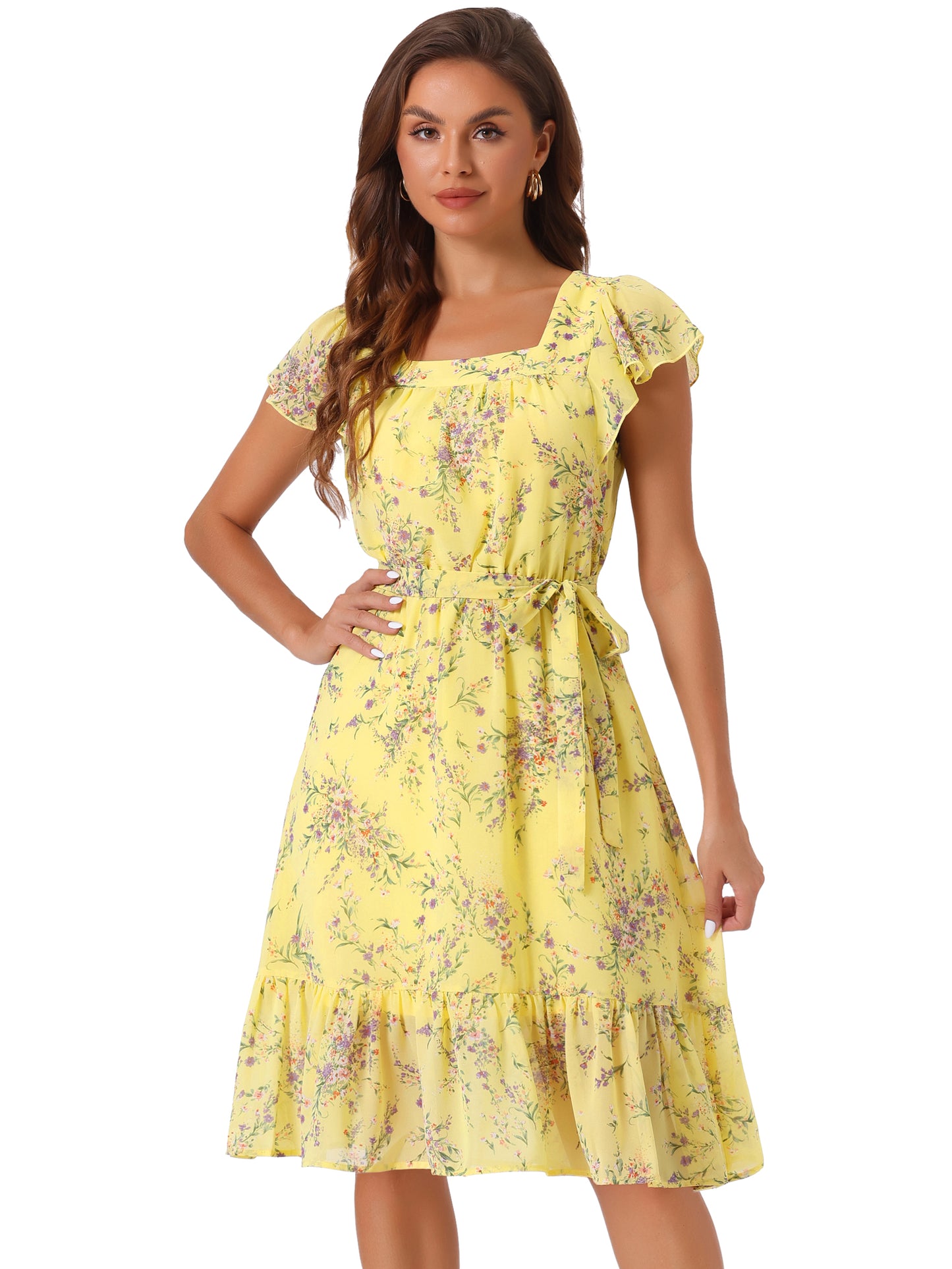 Women's Flutter Sleeve Ruffled Floral Chiffon Dress
