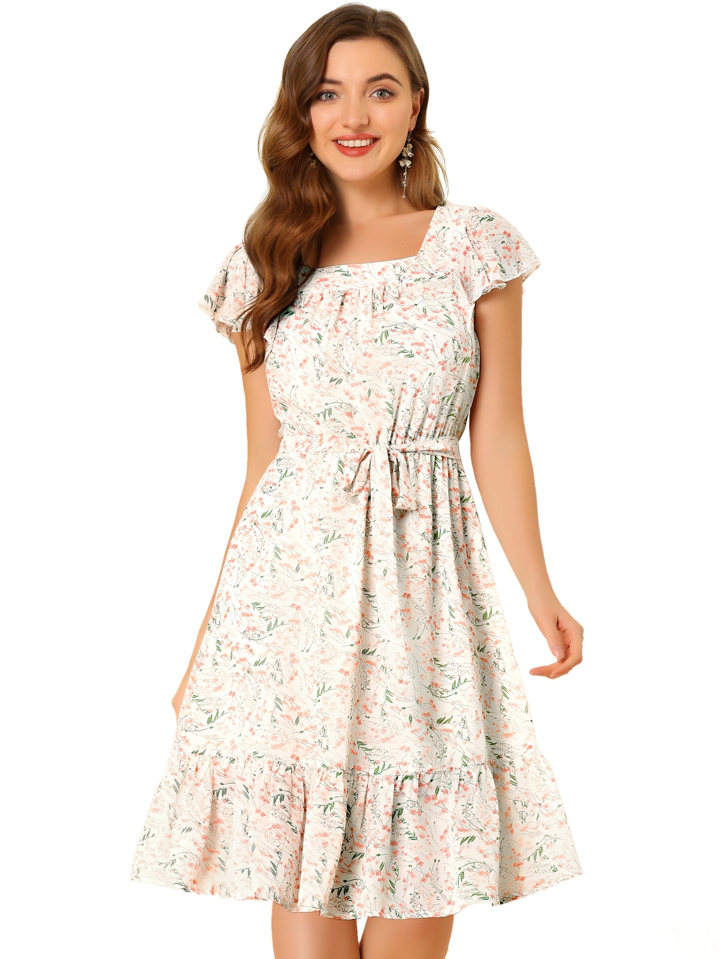 Women's Flutter Sleeve Ruffled Floral Chiffon Dress