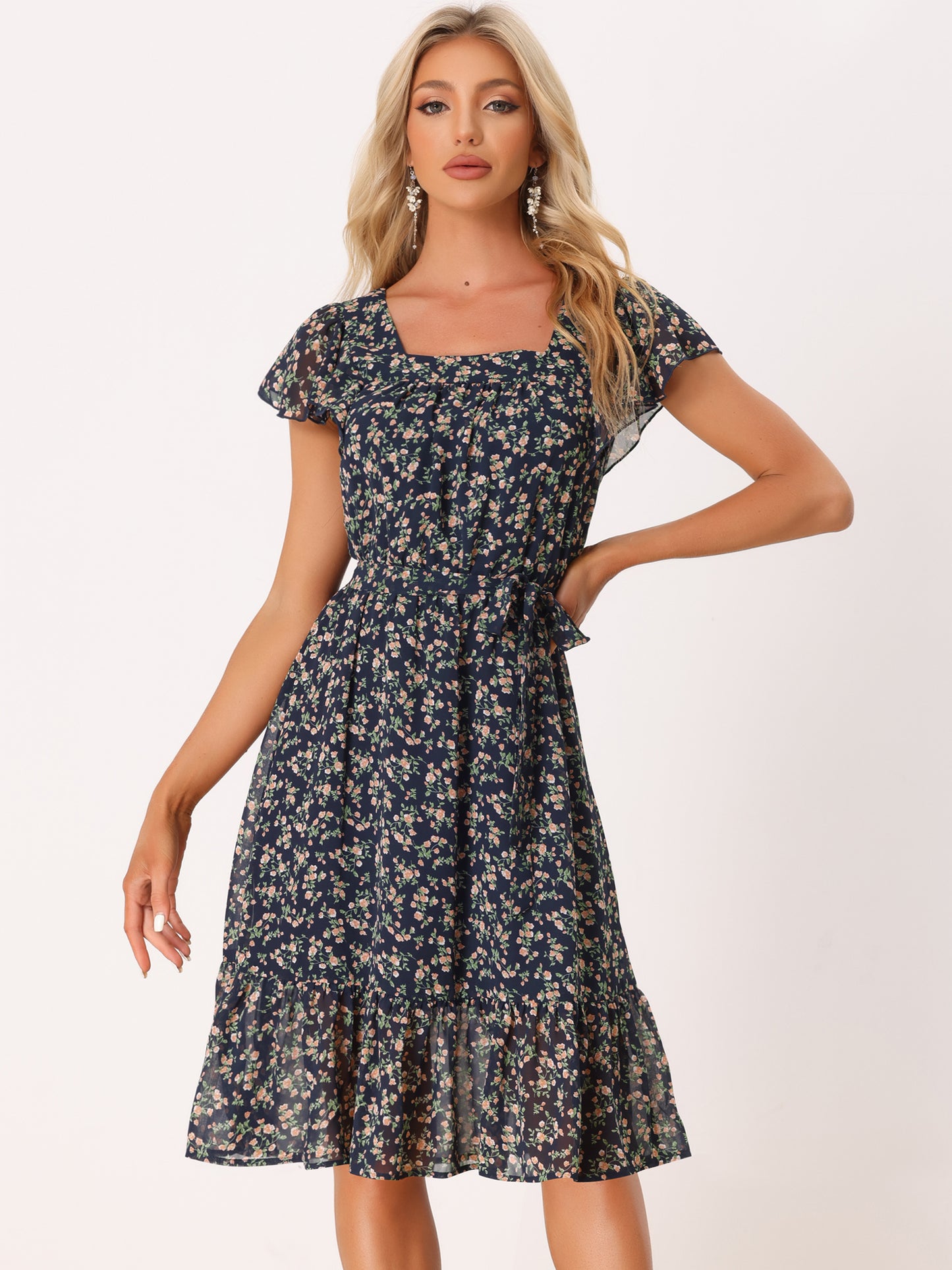 Women's Flutter Sleeve Ruffled Floral Chiffon Dress