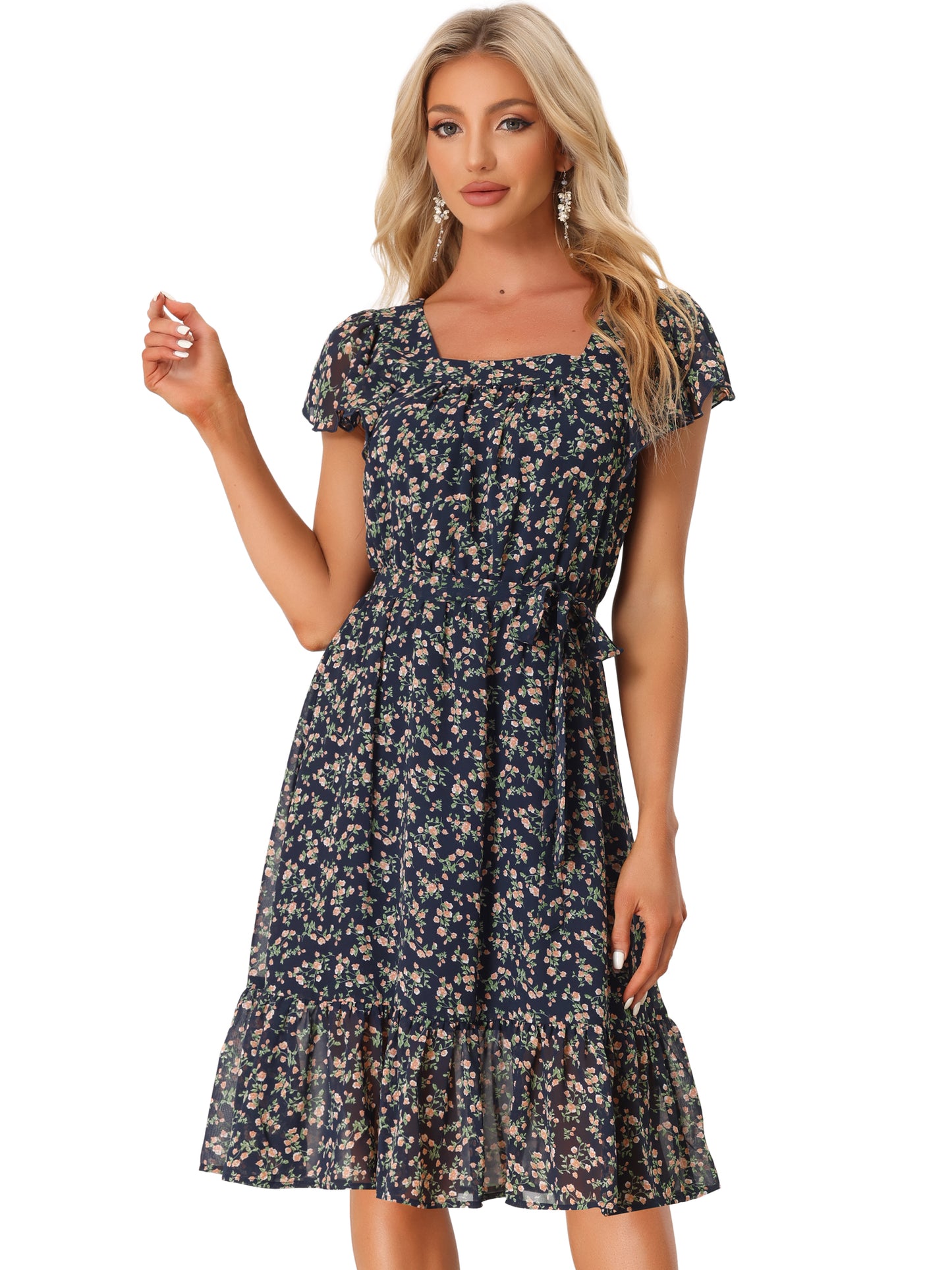 Women's Flutter Sleeve Ruffled Floral Chiffon Dress