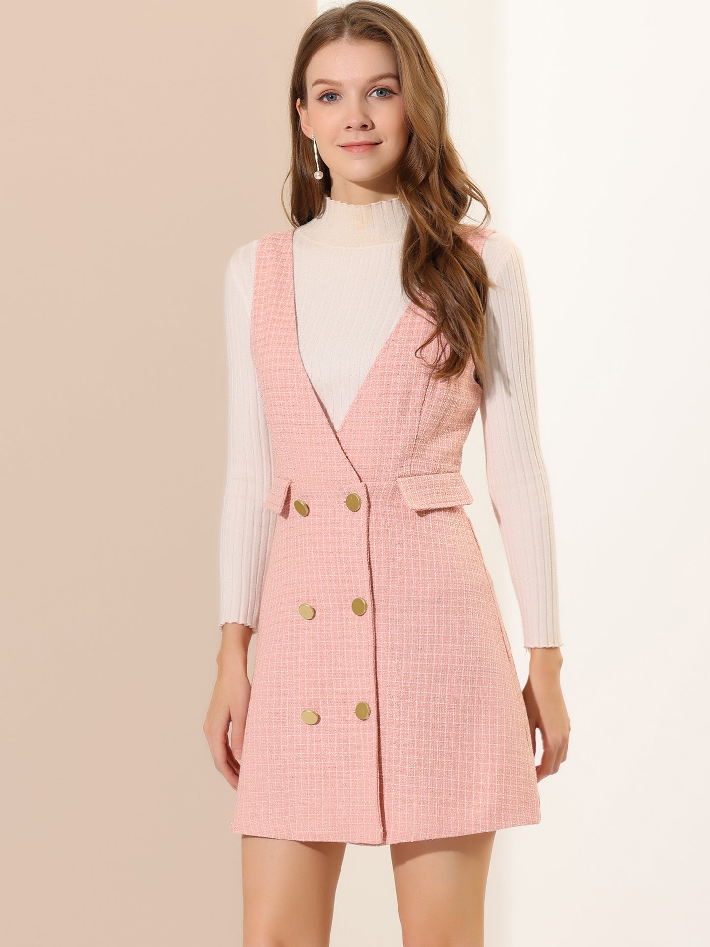 Women's Elegant Retro Button Front V Neck Plaid Tweed Overalls Pinafore Dress