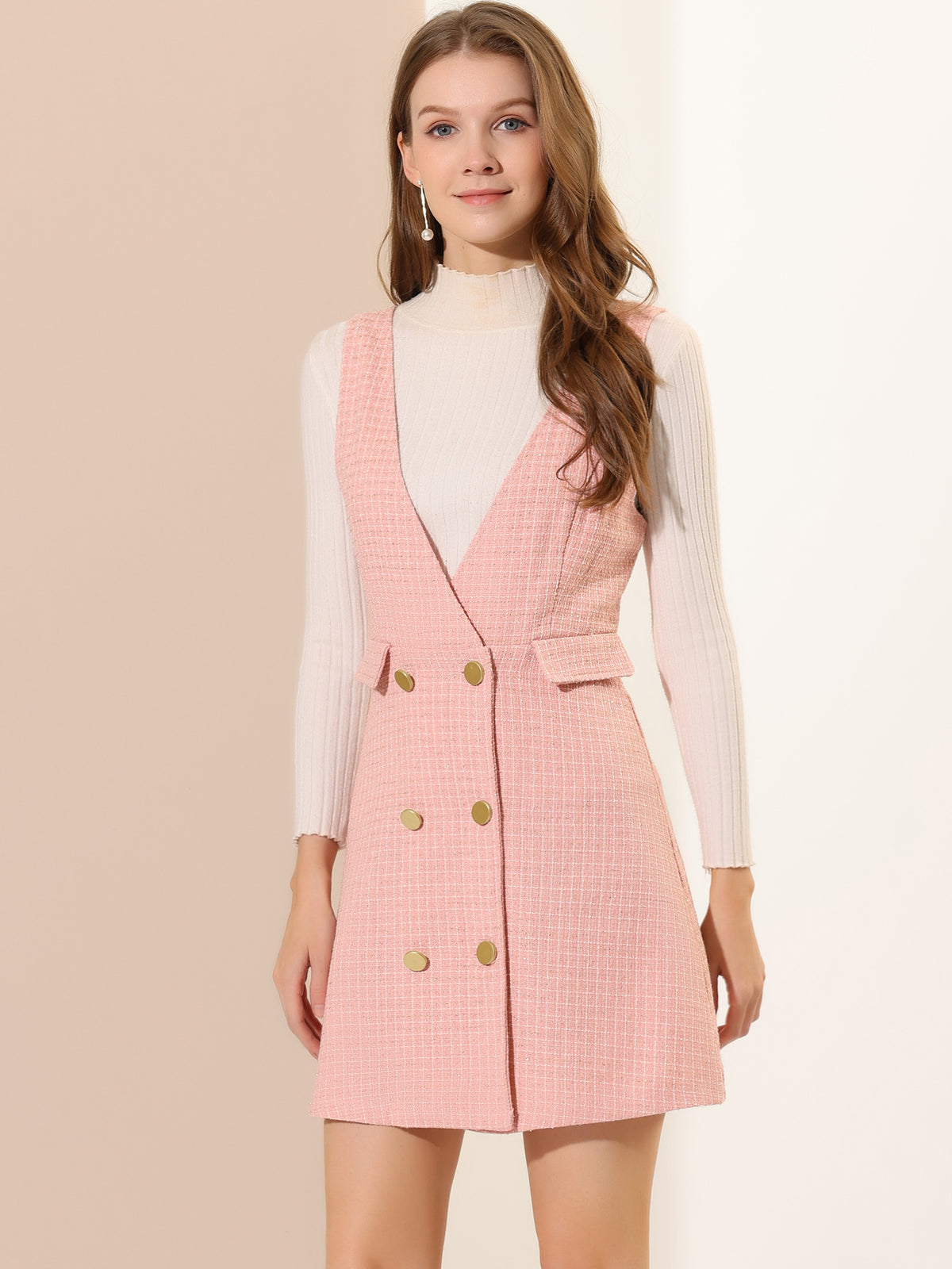 Women's Elegant Retro Button Front V Neck Plaid Tweed Overalls Pinafore Dress