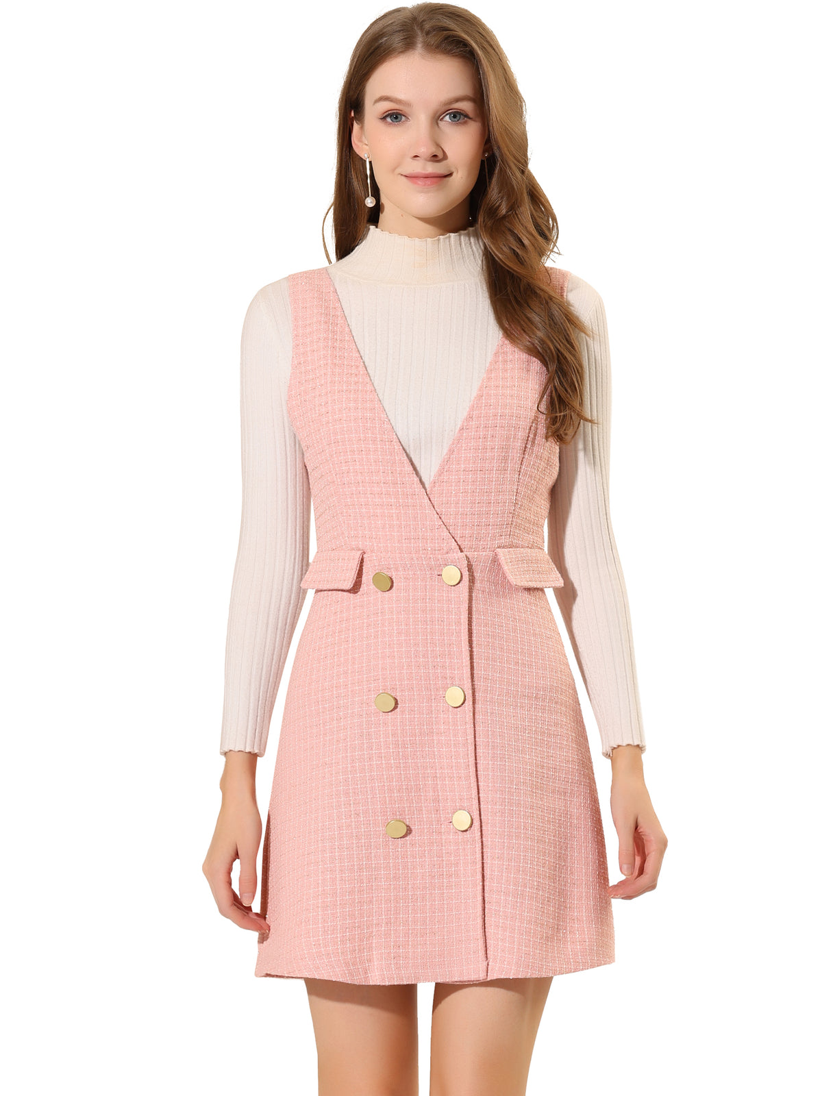 Women's Elegant Retro Button Front V Neck Plaid Tweed Overalls Pinafore Dress