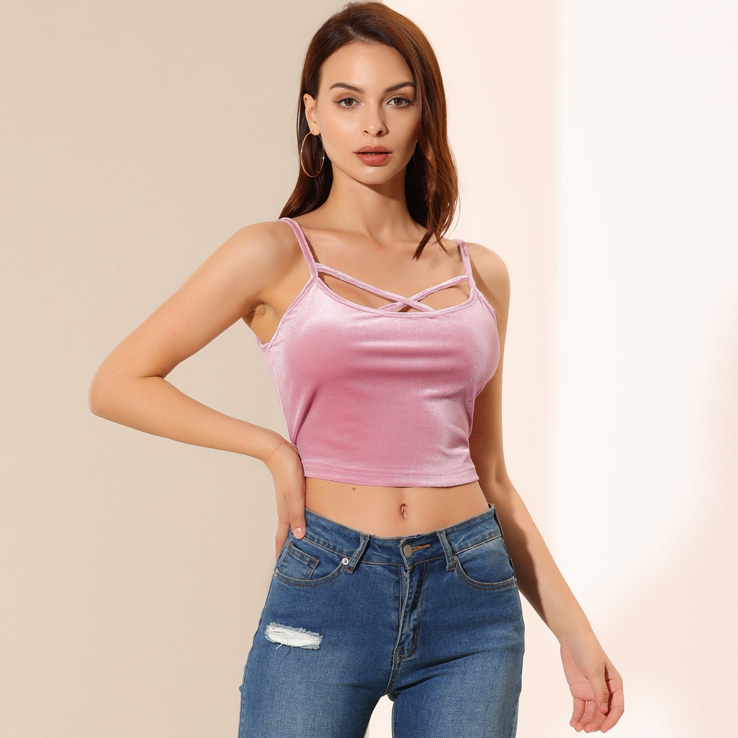 Women's Spaghetti Strap Velvet Crop Cami Tank Top
