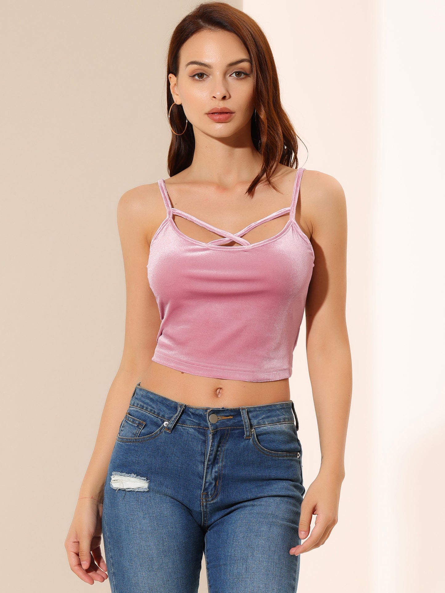 Women's Spaghetti Strap Velvet Crop Cami Tank Top