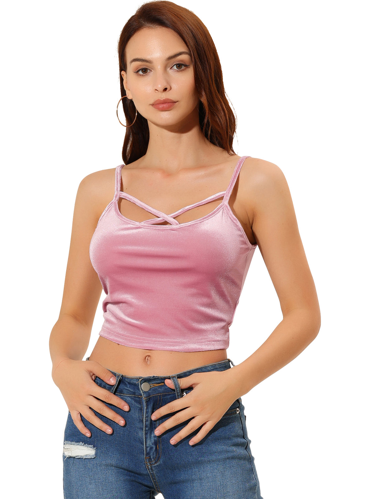 Women's Spaghetti Strap Velvet Crop Cami Tank Top