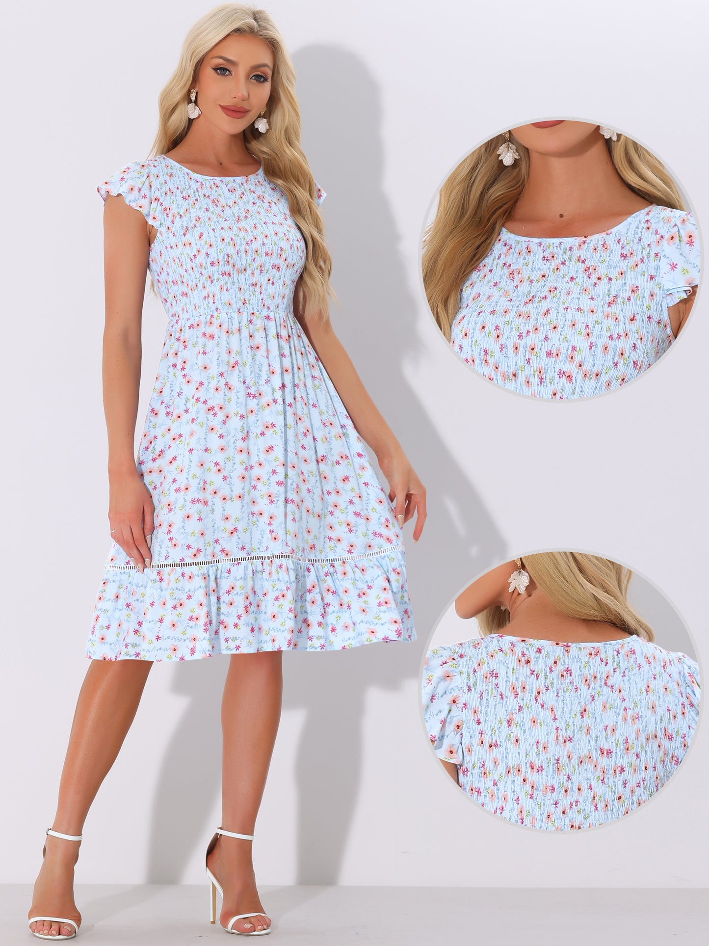 Women's Smocked Floral Fit and Flare Midi Dress