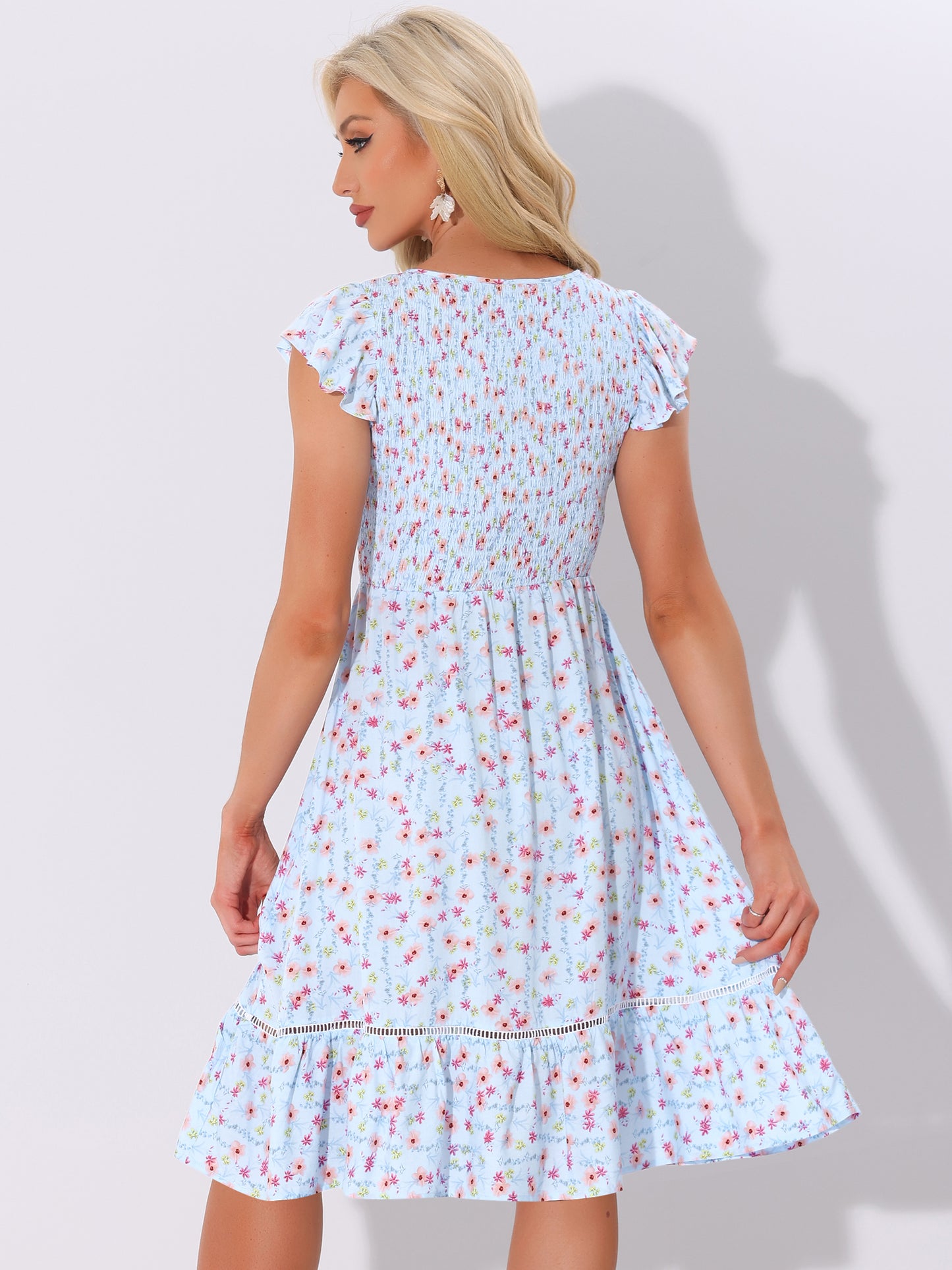 Women's Smocked Floral Fit and Flare Midi Dress