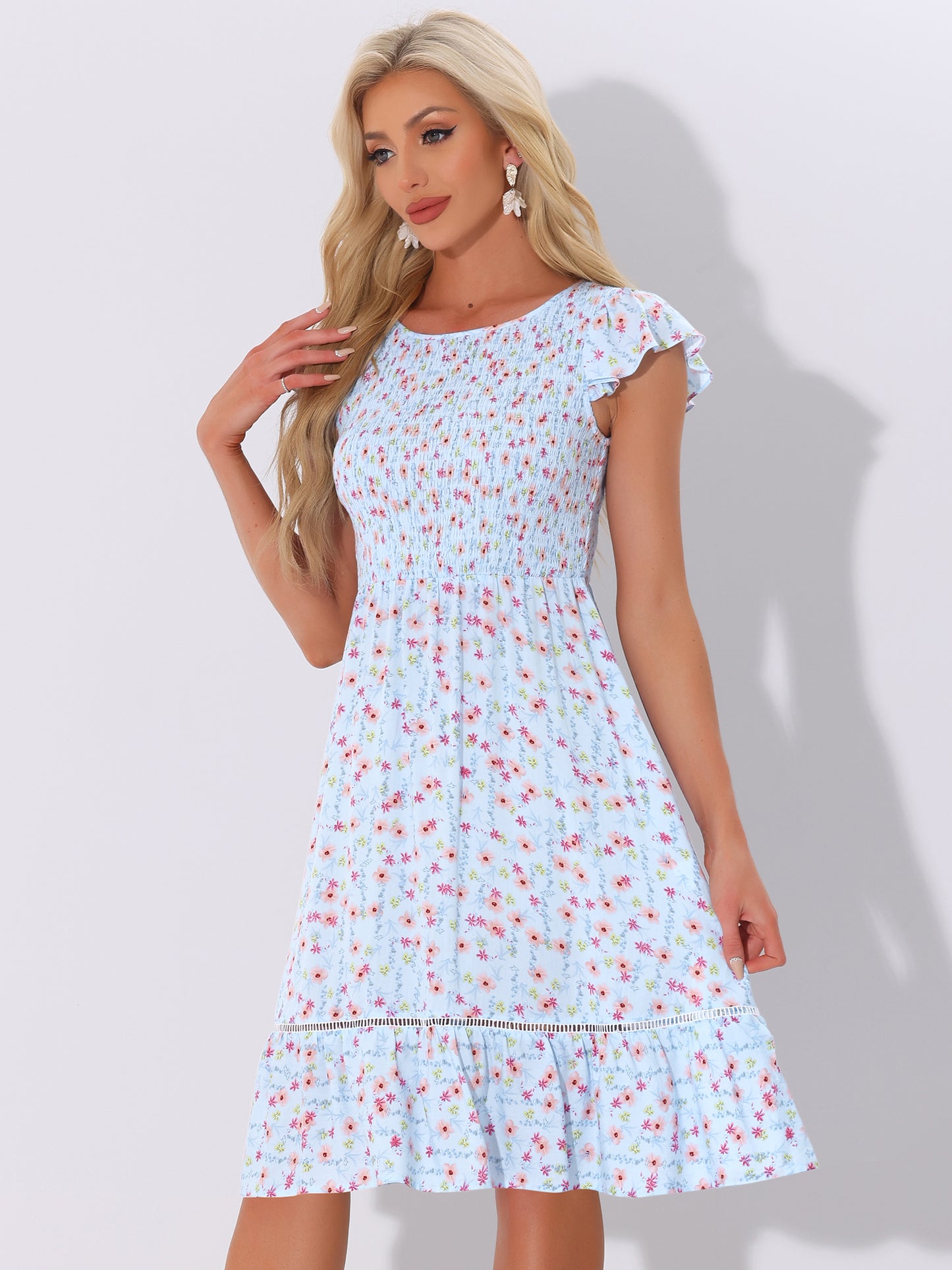 Women's Smocked Floral Fit and Flare Midi Dress