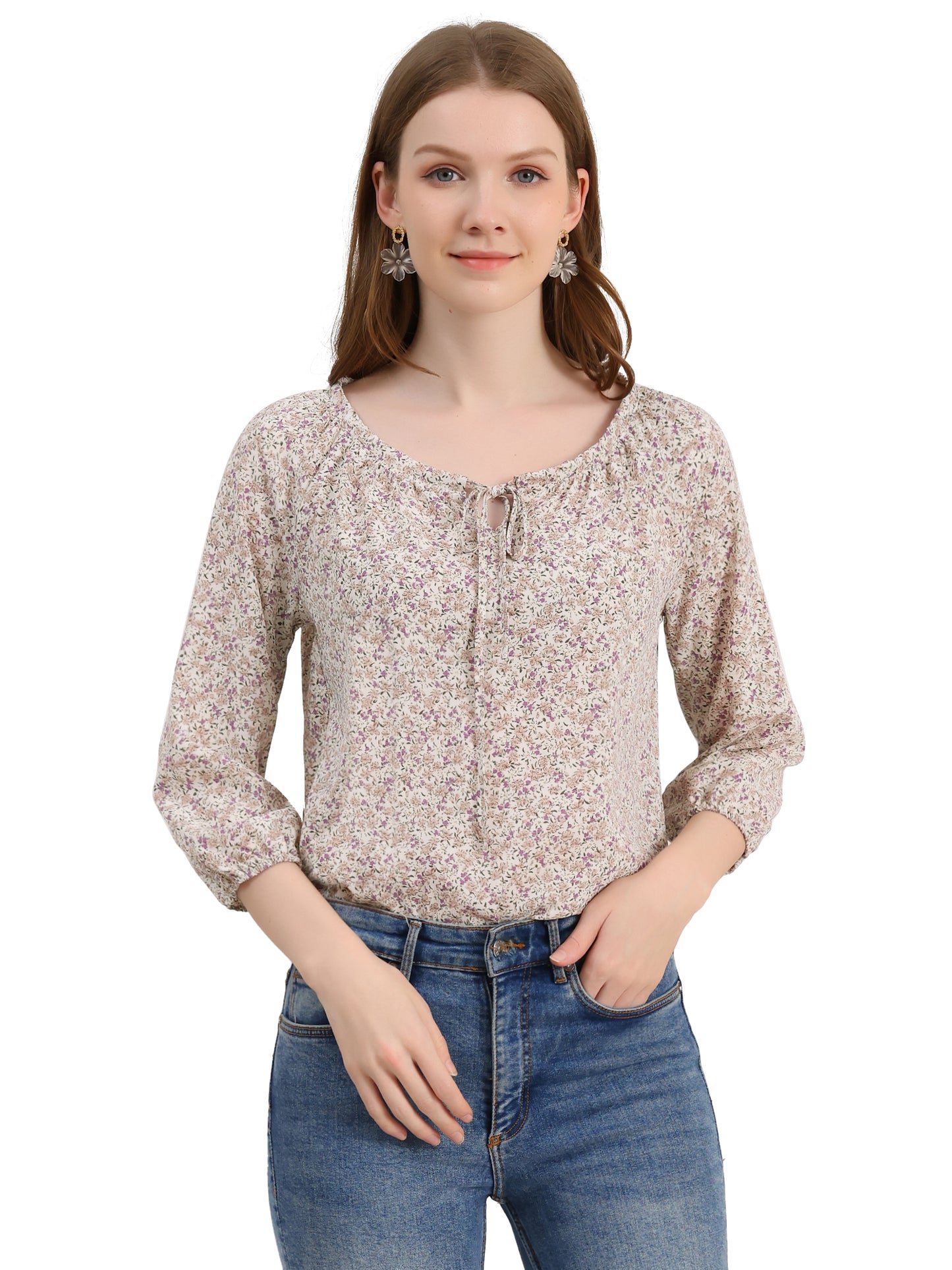 Women Floral Print 3/4 Raglan Sleeve Drawstring Round Neck Blouse
