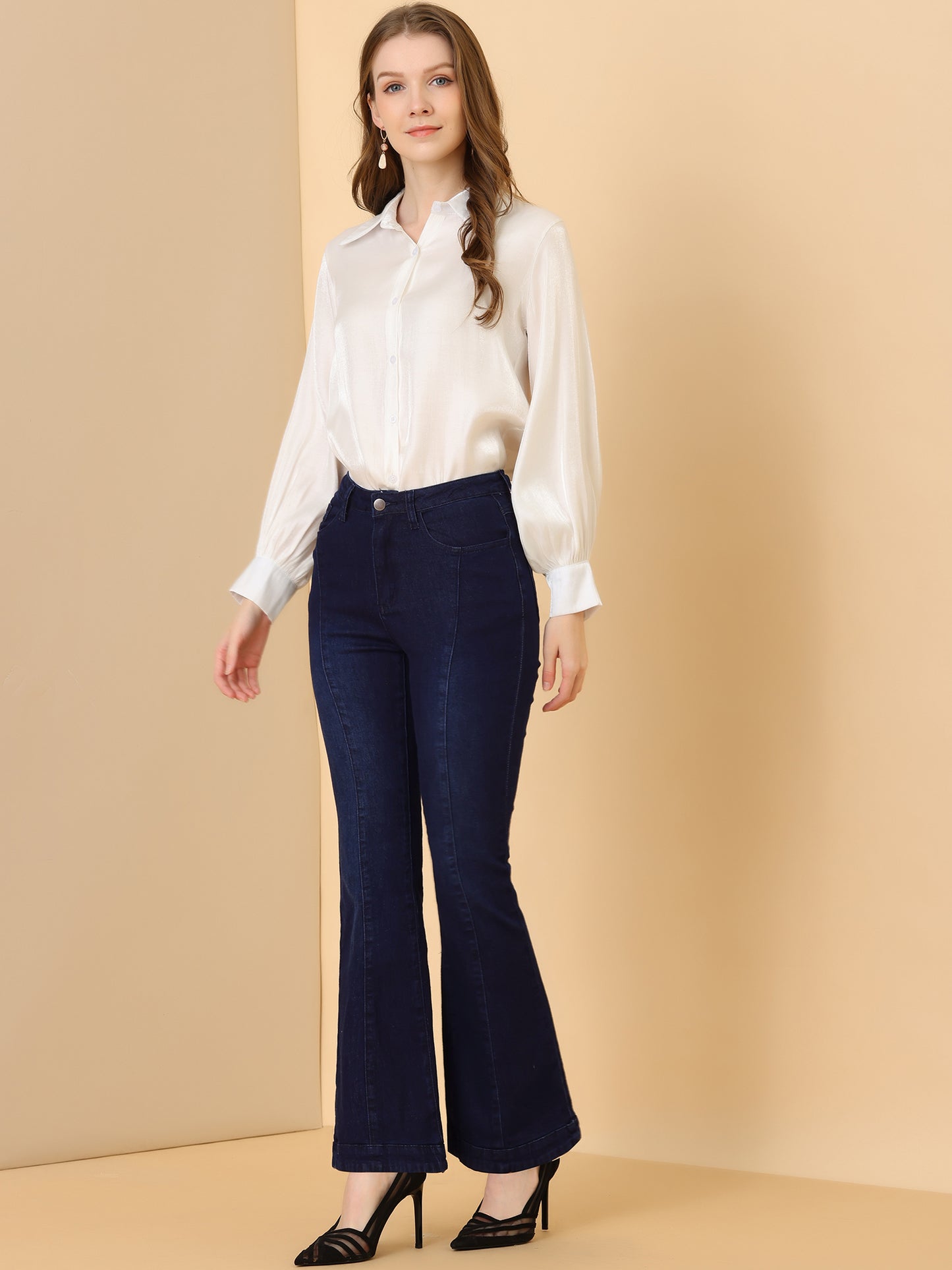 Pantalones vaqueros acampanados de cintura alta para mujer, pantalones vaqueros elásticos retro de mezclilla, pantalones vaqueros de campana