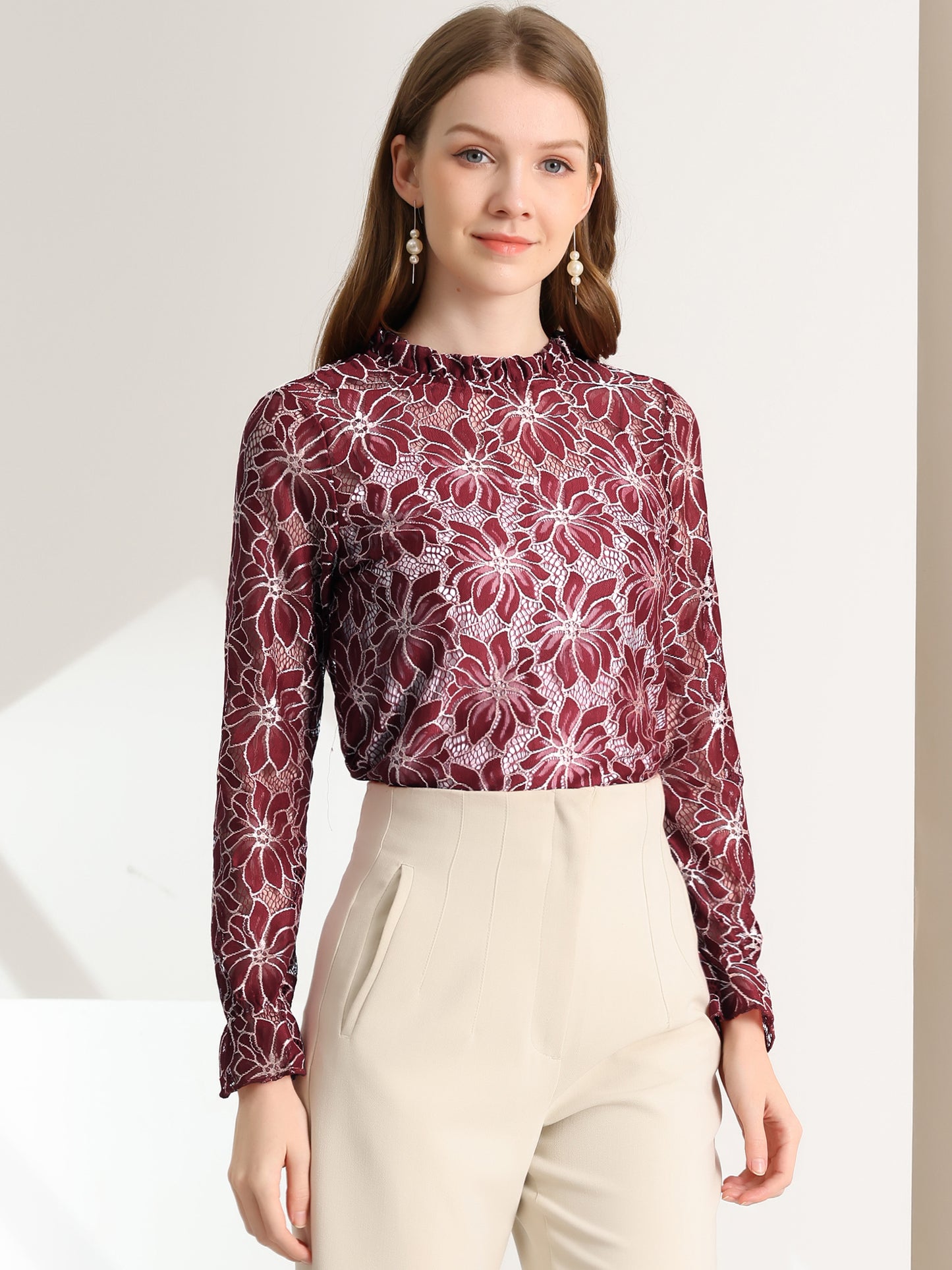 Women's Elegant See Through Top Ruffle Frill Neck Long Sleeve Floral Lace Blouse