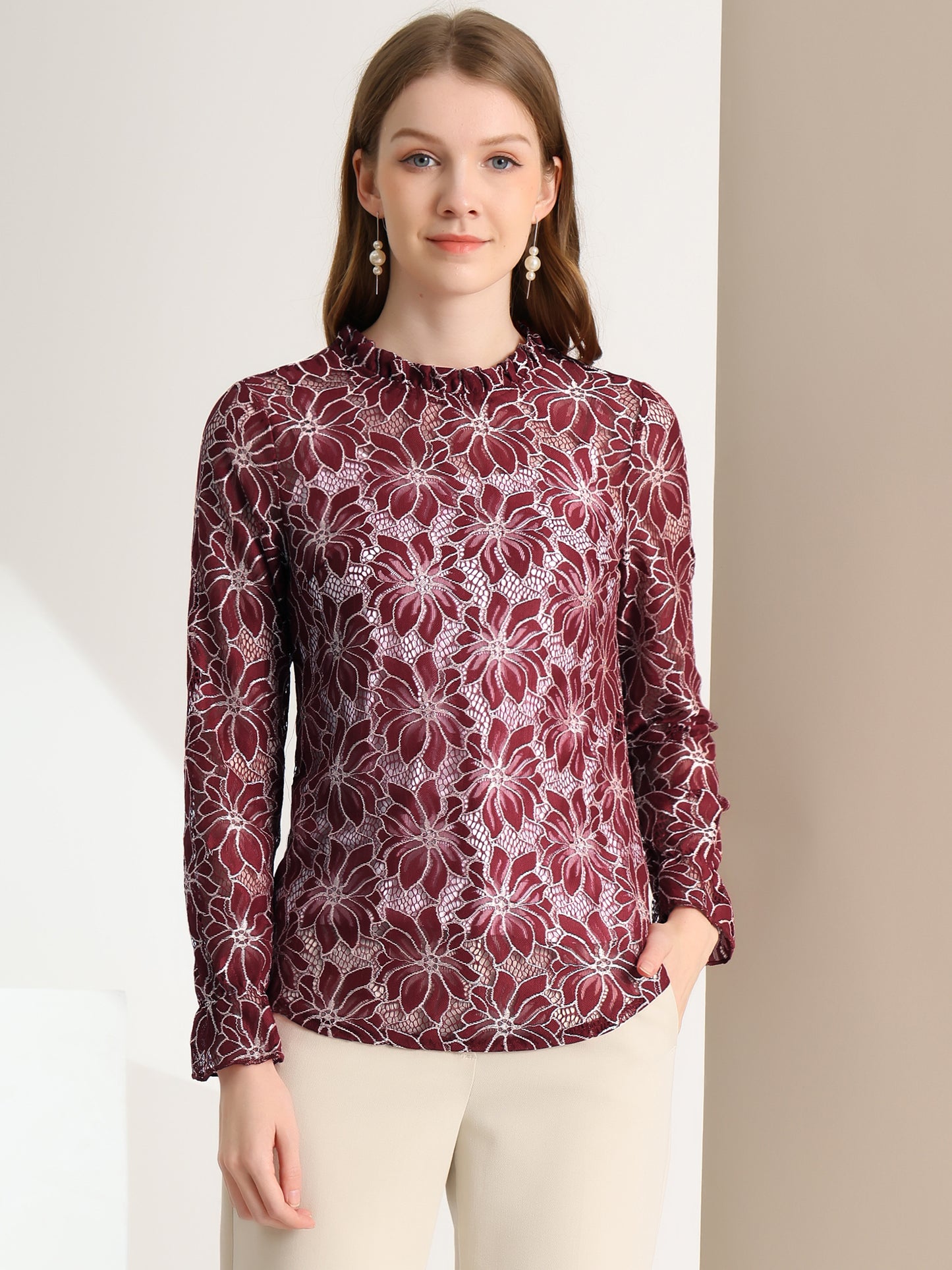 Women's Elegant See Through Top Ruffle Frill Neck Long Sleeve Floral Lace Blouse