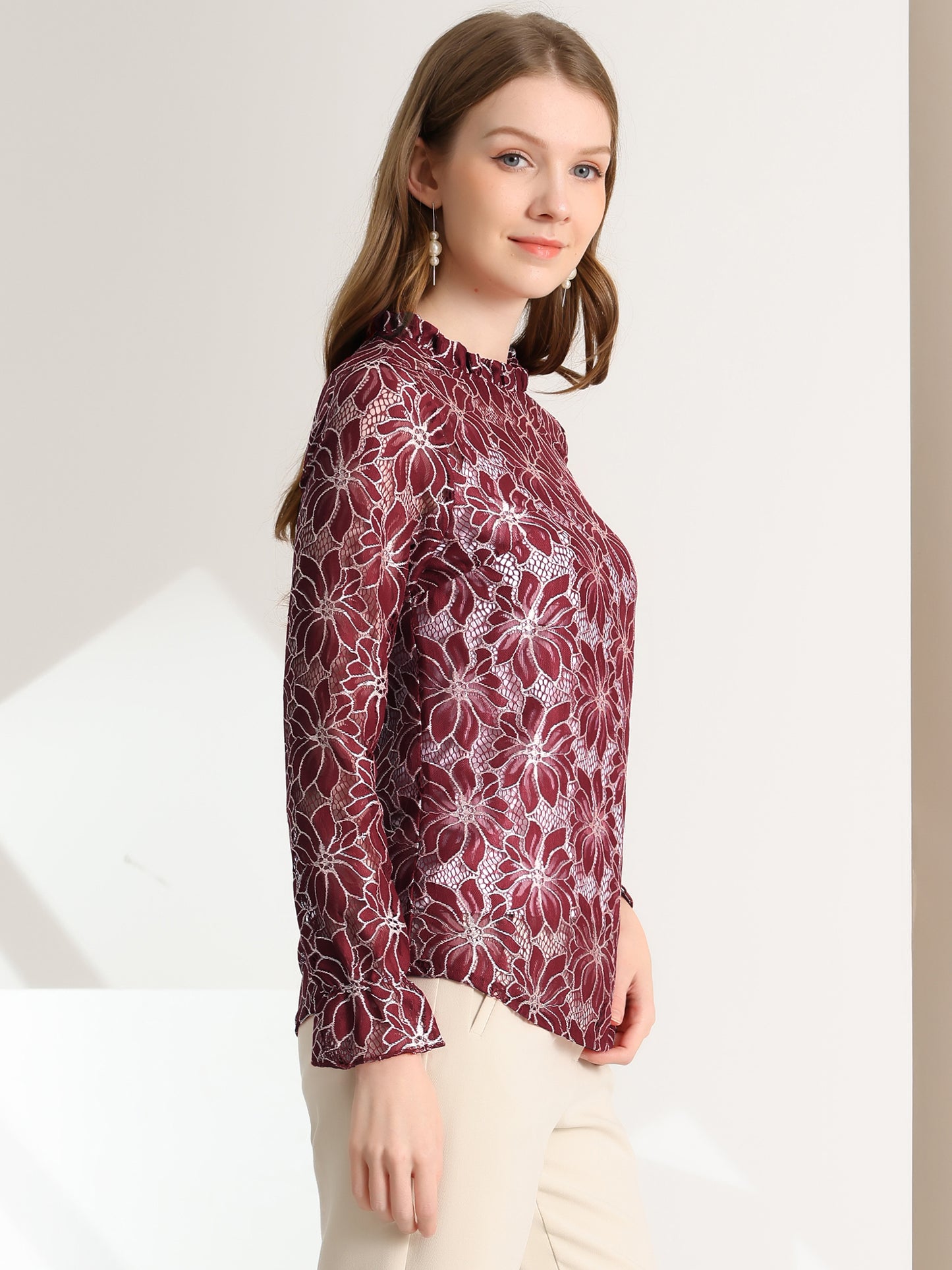 Women's Elegant See Through Top Ruffle Frill Neck Long Sleeve Floral Lace Blouse