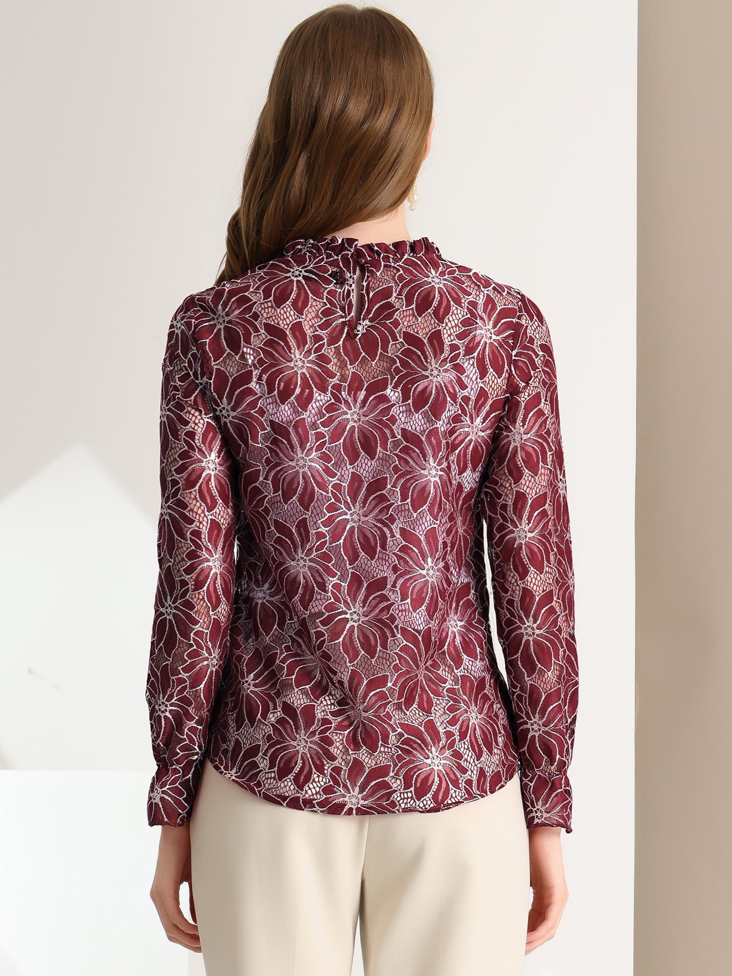 Women's Elegant See Through Top Ruffle Frill Neck Long Sleeve Floral Lace Blouse