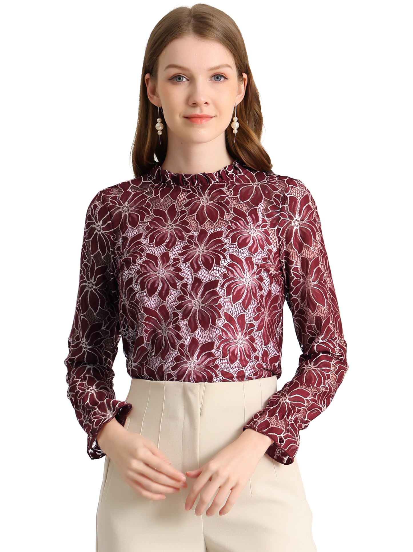 Women's Elegant See Through Top Ruffle Frill Neck Long Sleeve Floral Lace Blouse