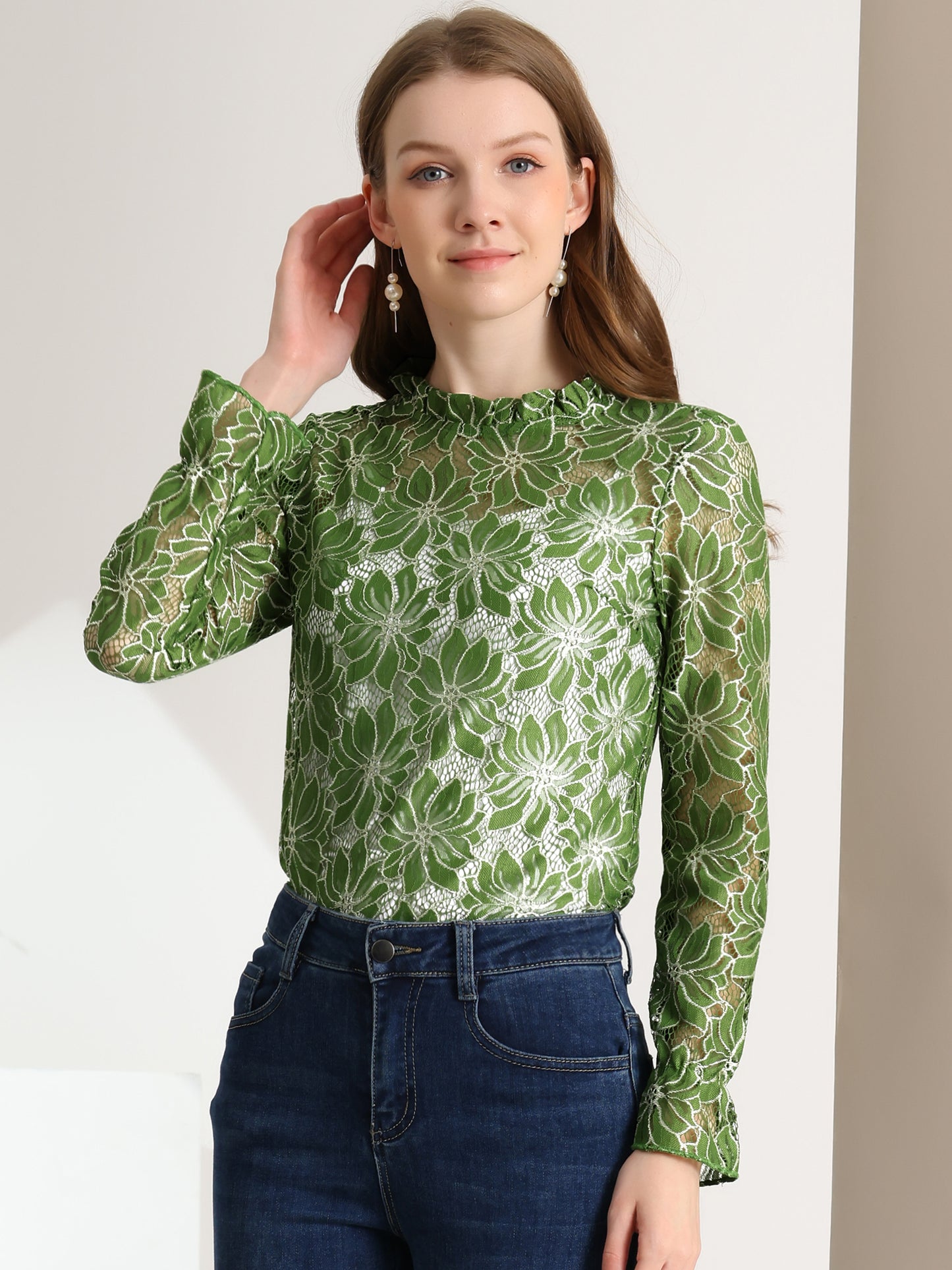 Women's Elegant See Through Top Ruffle Frill Neck Long Sleeve Floral Lace Blouse
