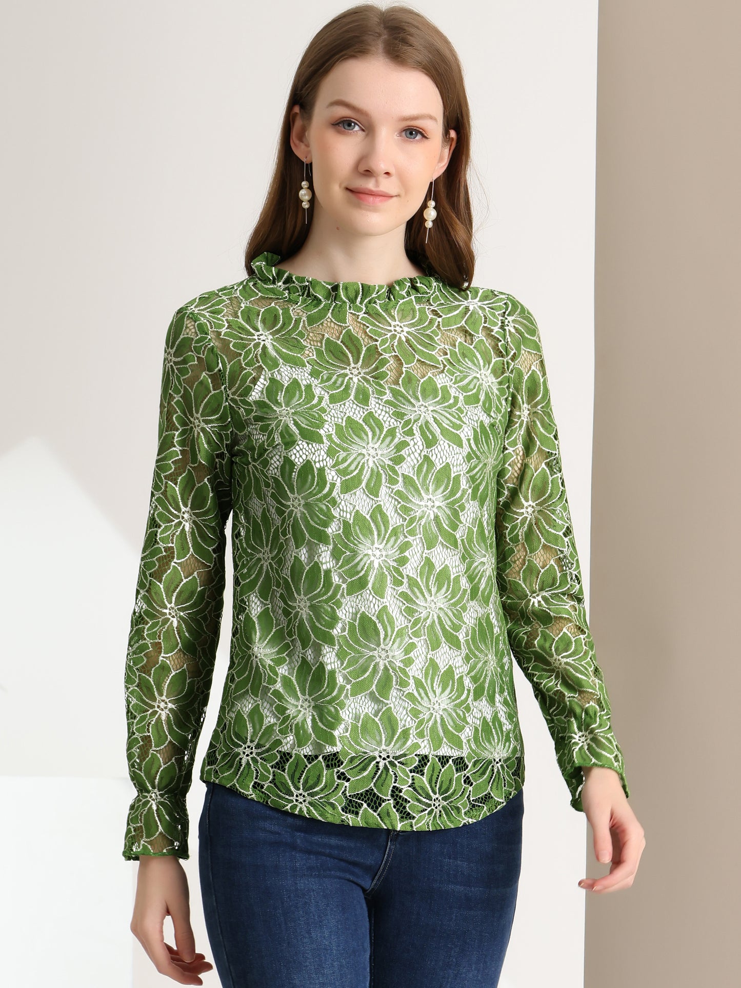 Women's Elegant See Through Top Ruffle Frill Neck Long Sleeve Floral Lace Blouse