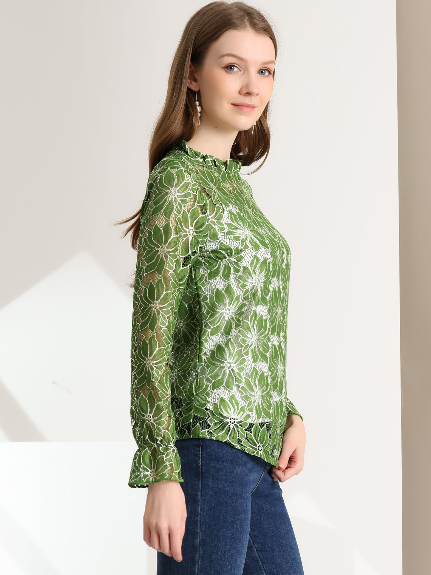 Women's Elegant See Through Top Ruffle Frill Neck Long Sleeve Floral Lace Blouse