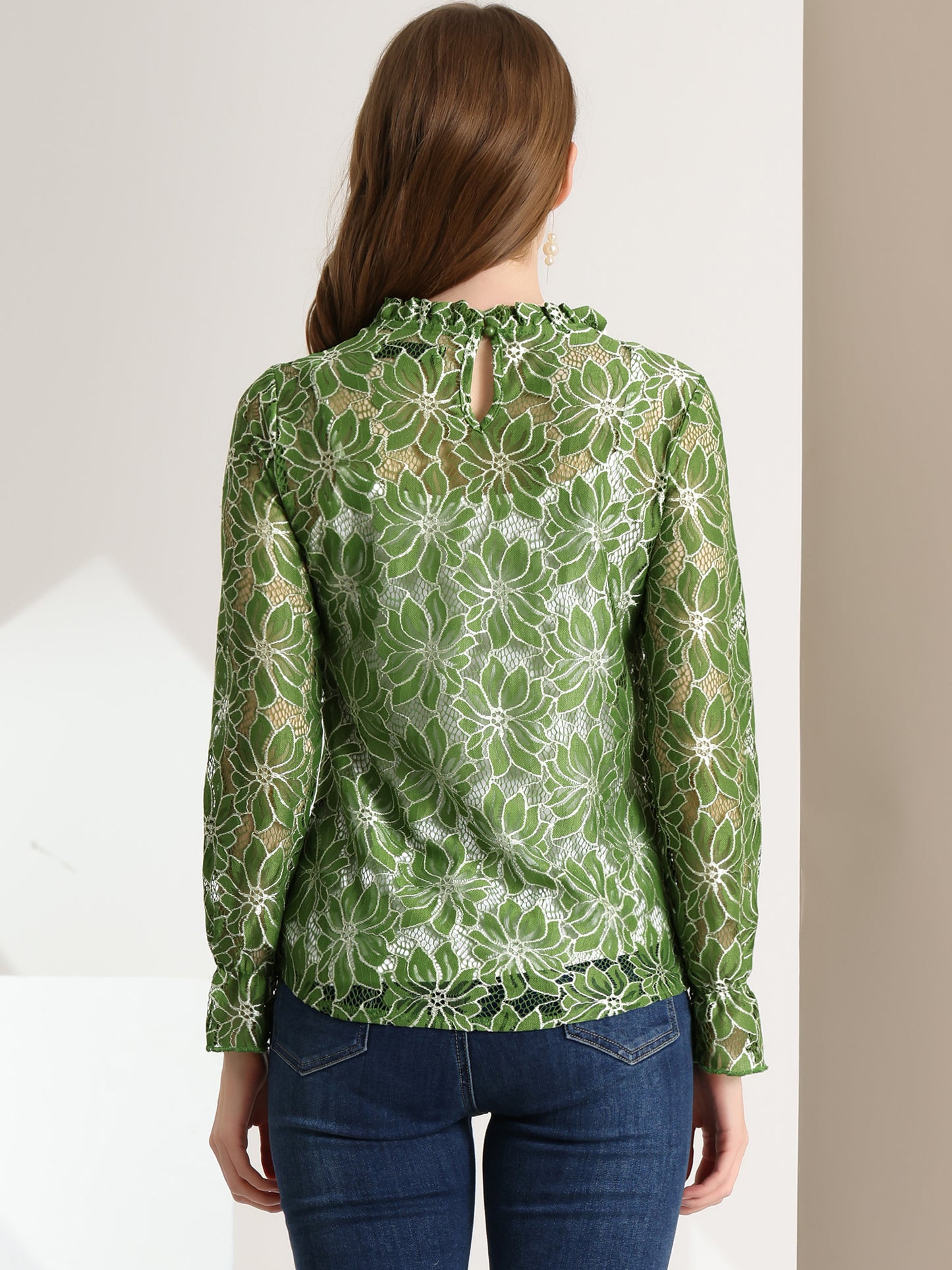 Women's Elegant See Through Top Ruffle Frill Neck Long Sleeve Floral Lace Blouse