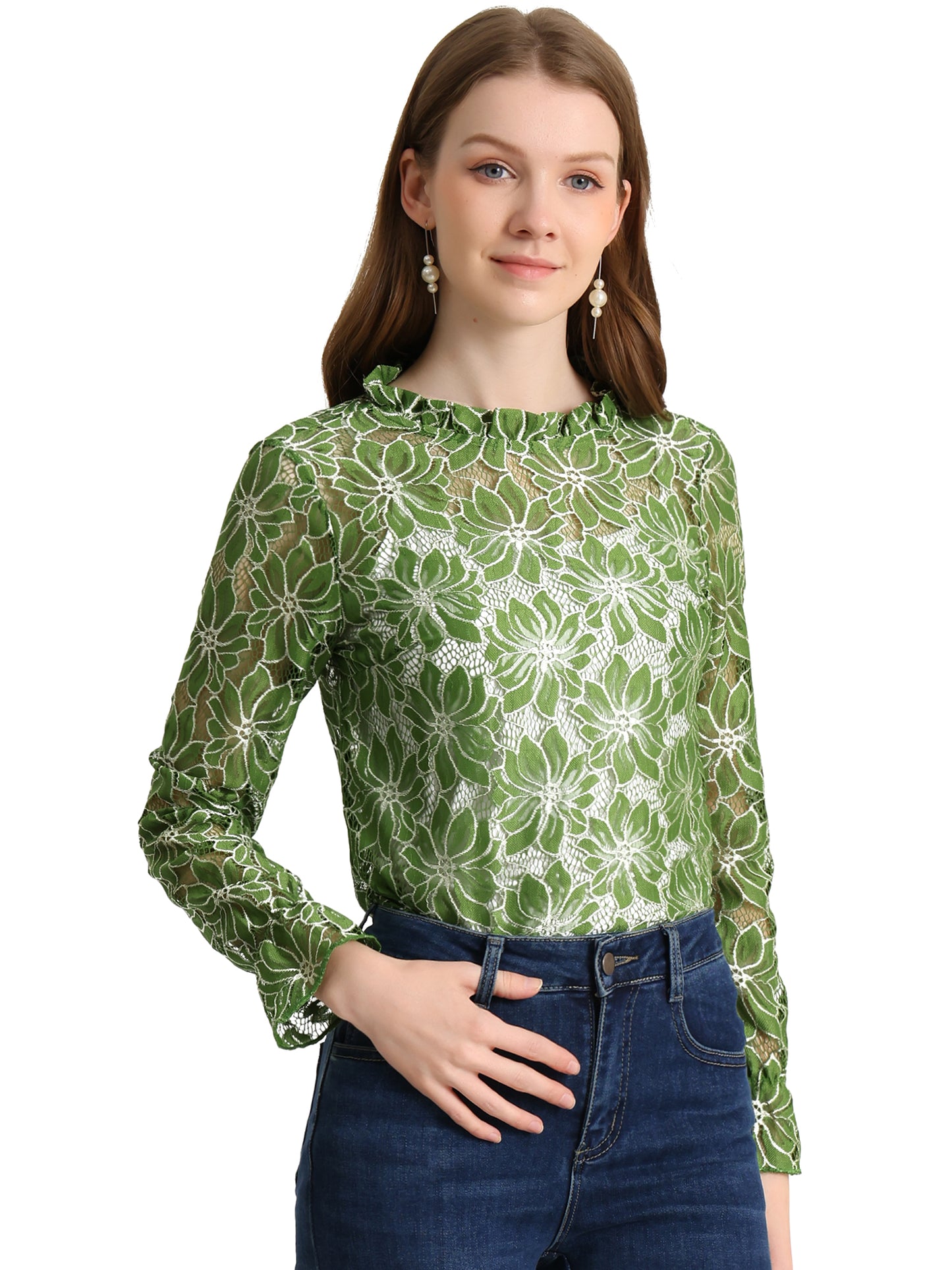 Women's Elegant See Through Top Ruffle Frill Neck Long Sleeve Floral Lace Blouse