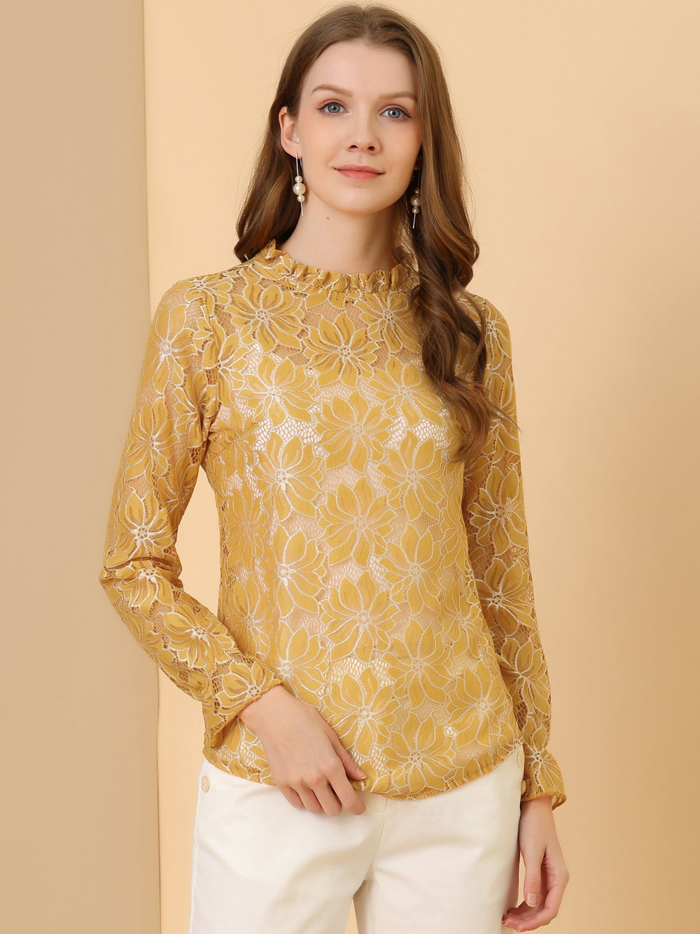 Women's Elegant See Through Top Ruffle Frill Neck Long Sleeve Floral Lace Blouse