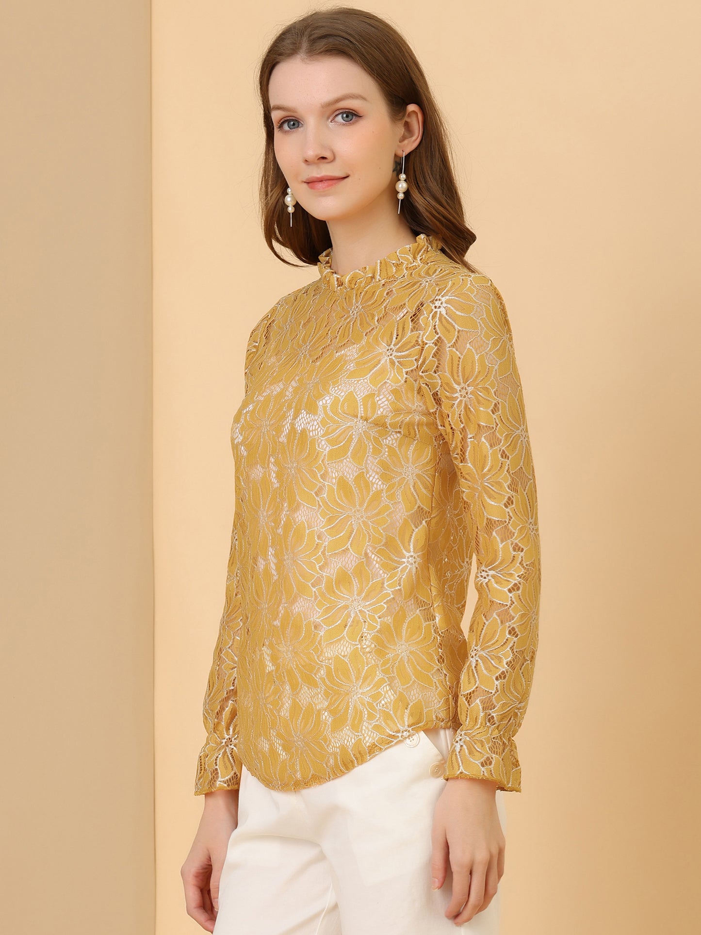 Women's Elegant See Through Top Ruffle Frill Neck Long Sleeve Floral Lace Blouse