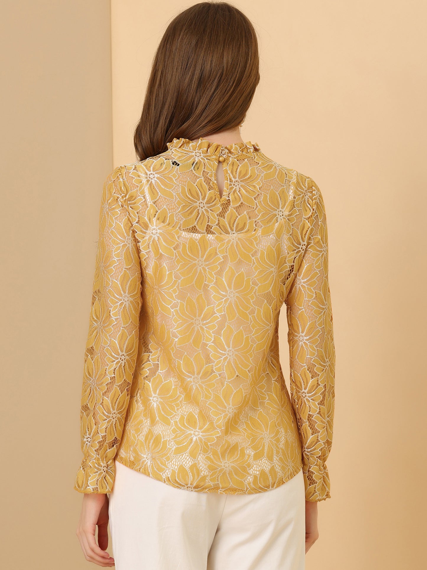 Women's Elegant See Through Top Ruffle Frill Neck Long Sleeve Floral Lace Blouse