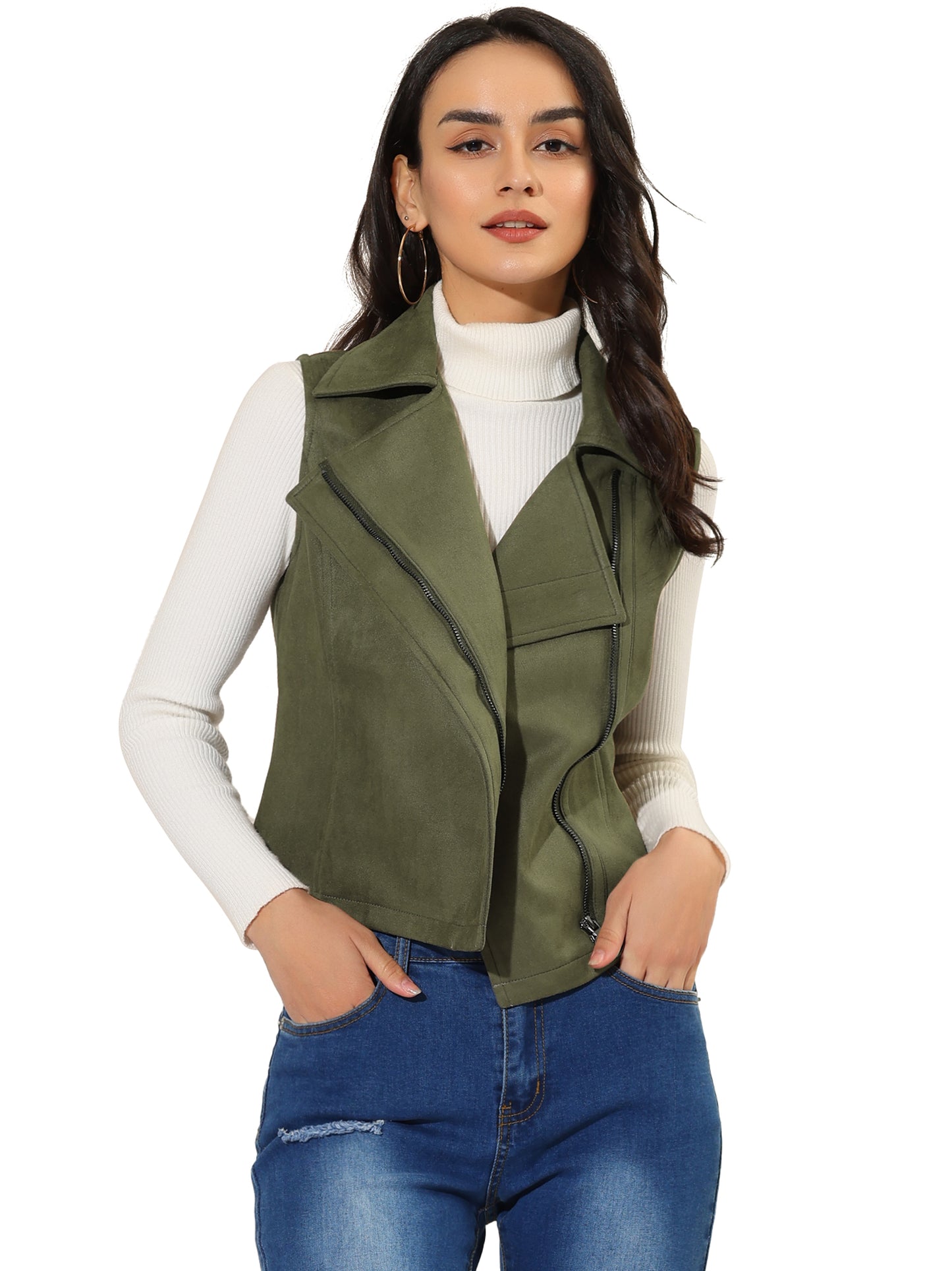 Women's Faux Suede Vest Casual Sleeveless Biker Jacket
