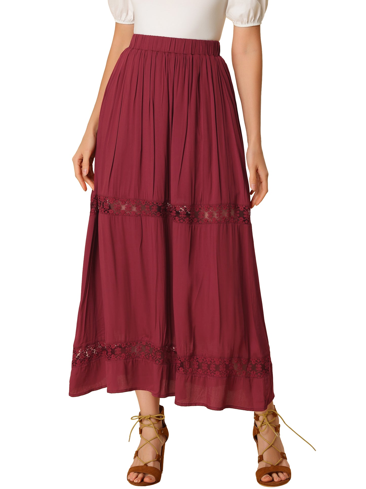 Women's Long Skirts Elastic Waist Swing A-Line Lace Insert Maxi Skirt (Available in Plus Size)