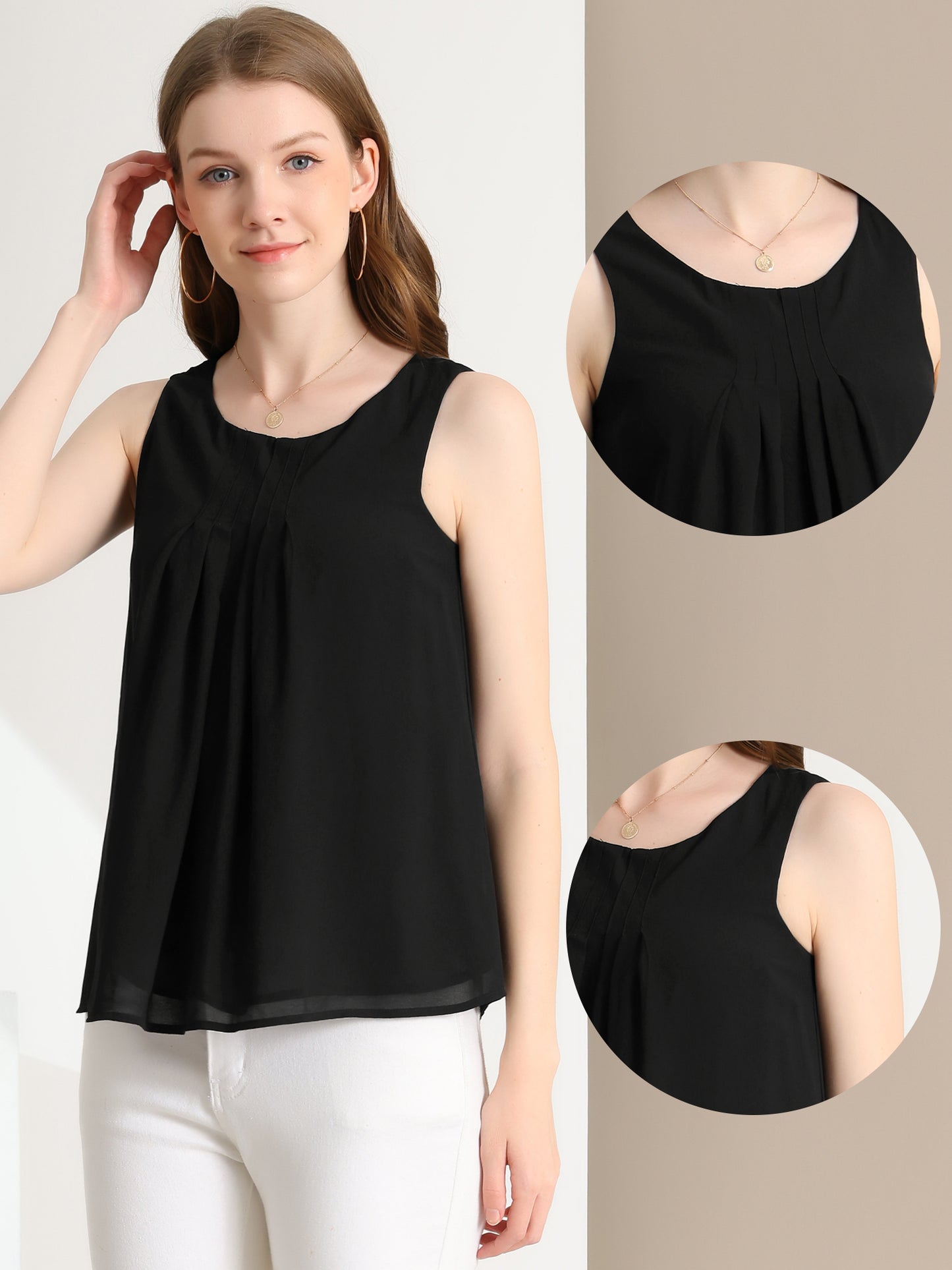 Women's Sleeveless Layering Pleated Front Lined Chiffon Tank Top