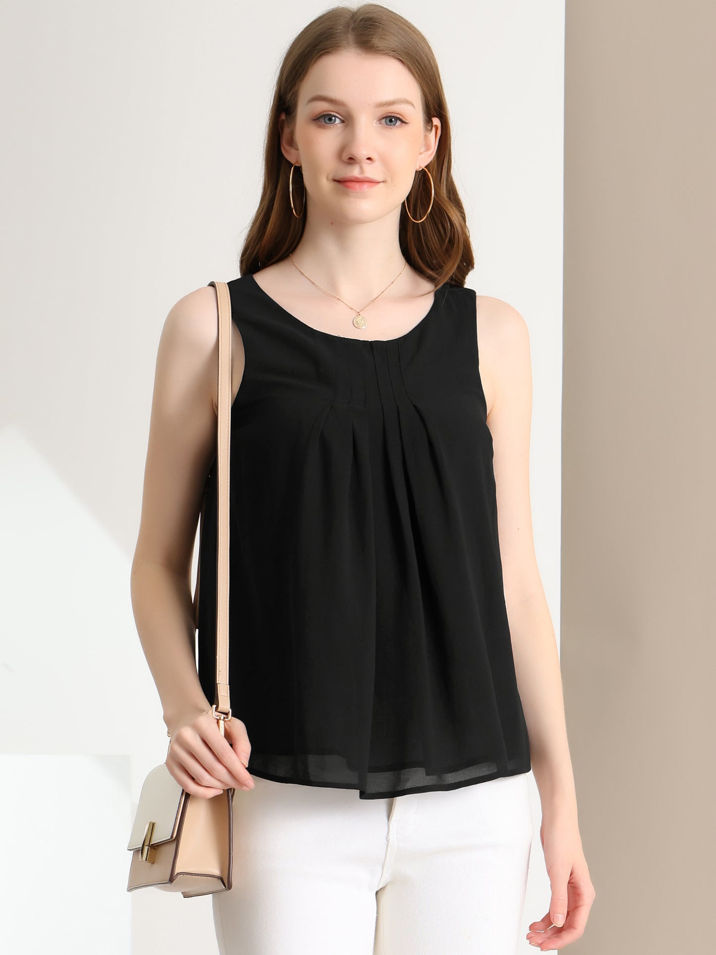 Women's Sleeveless Layering Pleated Front Lined Chiffon Tank Top