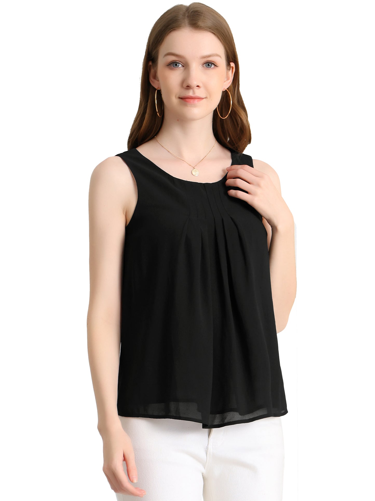 Women's Sleeveless Layering Pleated Front Lined Chiffon Tank Top
