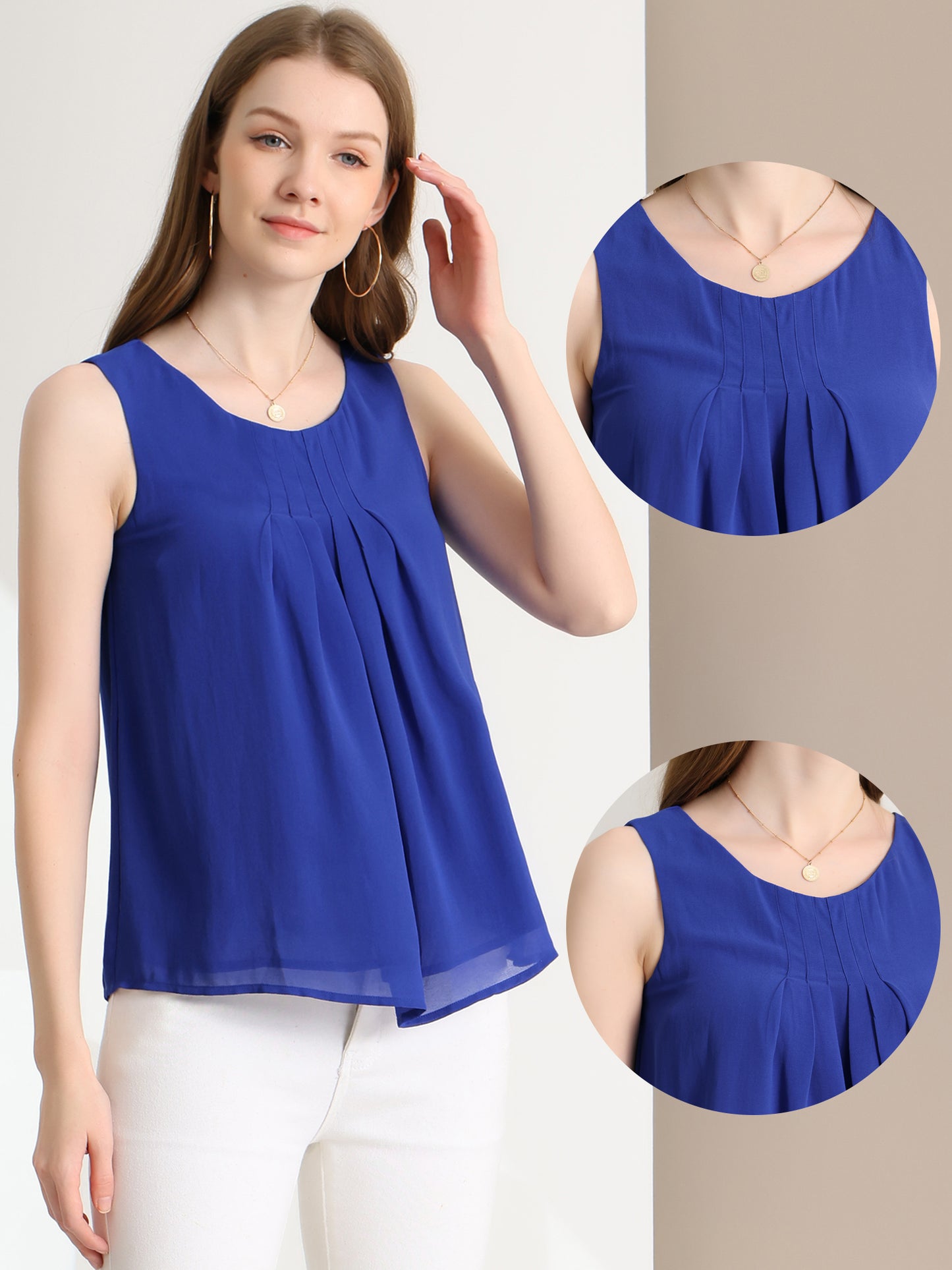 Women's Sleeveless Layering Pleated Front Lined Chiffon Tank Top