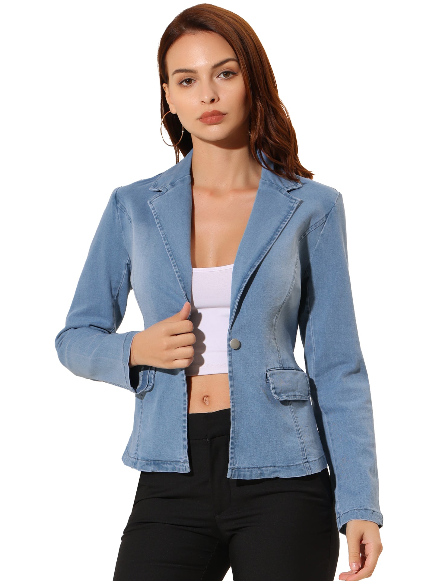 Women's Notched Lapel One Button Long Sleeve Washed Denim Blazer (Available in Plus Size)