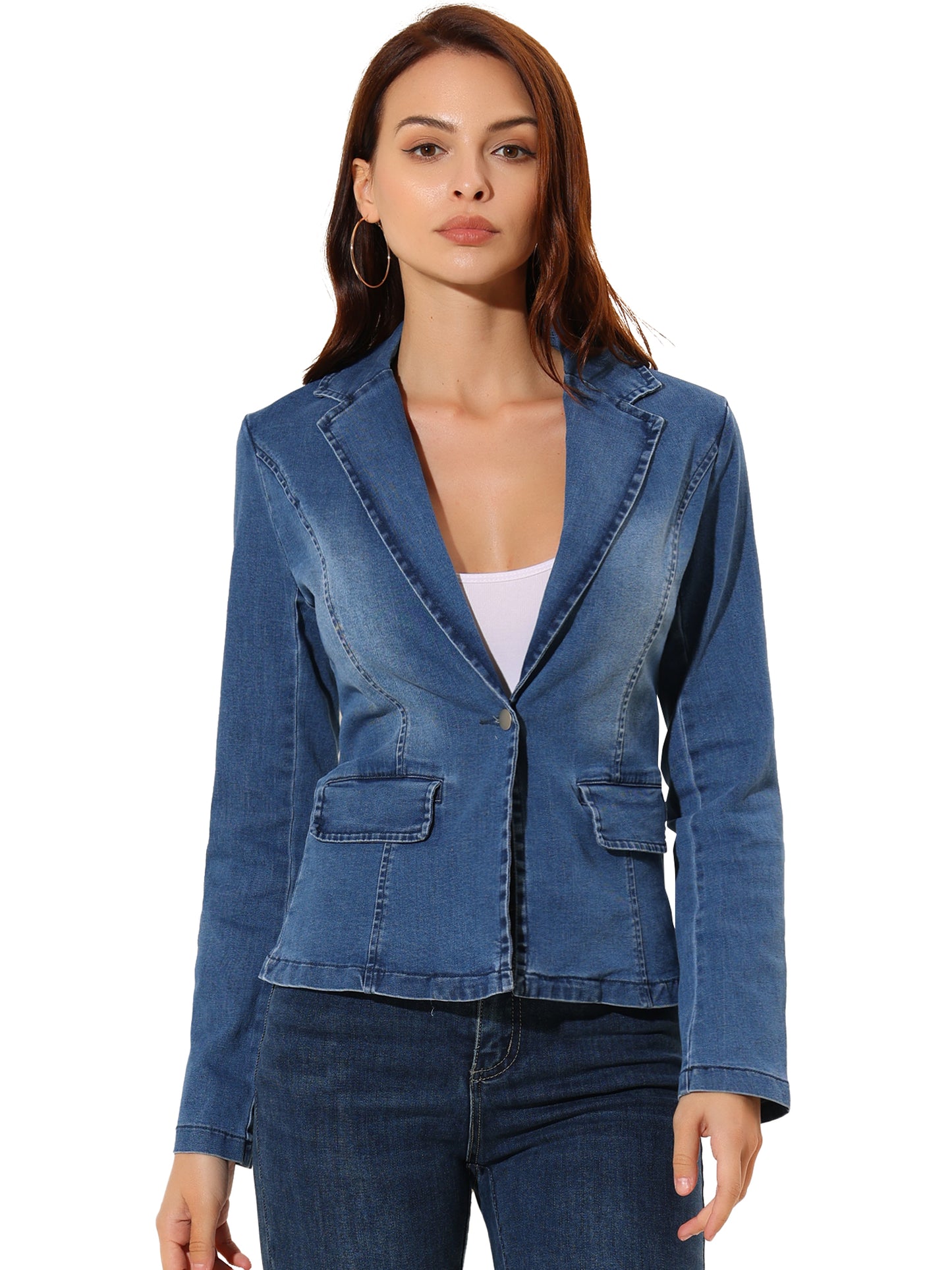 Women's Notched Lapel One Button Long Sleeve Washed Denim Blazer (Available in Plus Size)